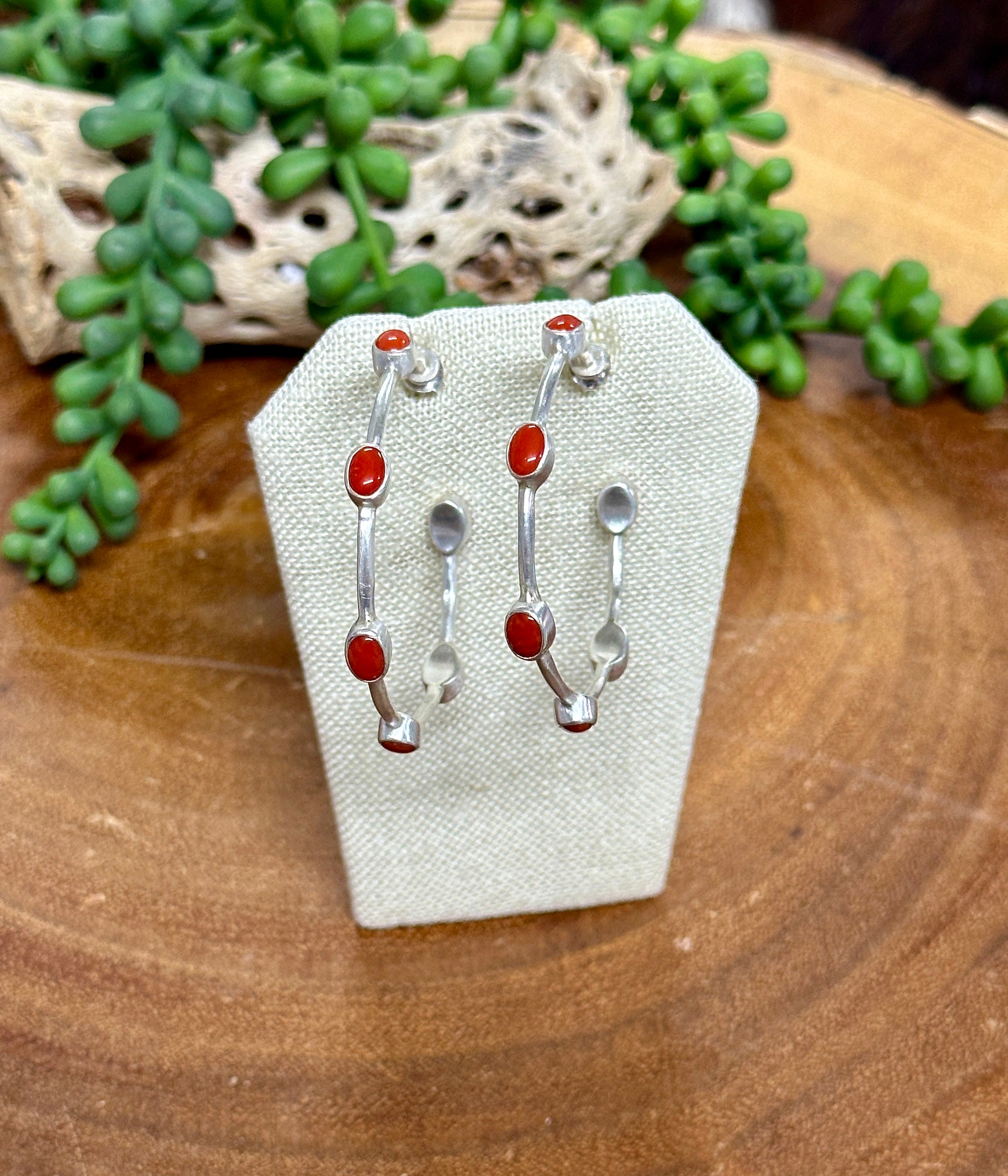 Southwest Handmade Mediterranean Coral & Sterling Silver Hoop Earrings