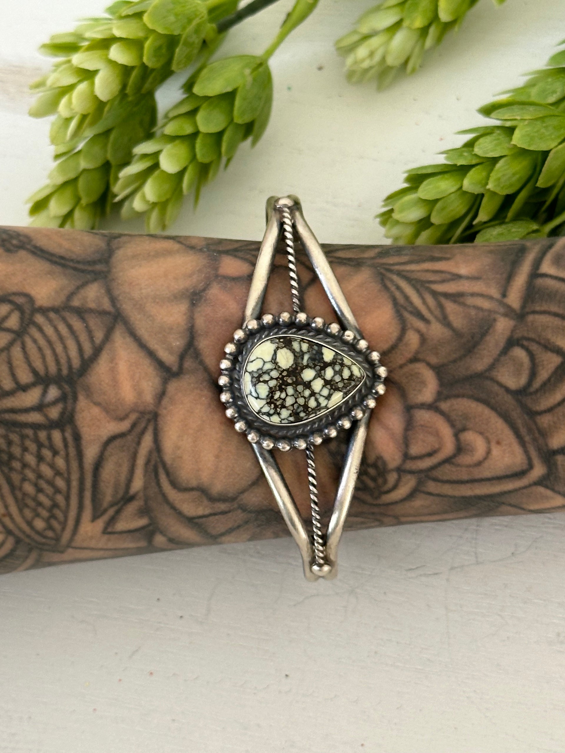 Navajo Made New Lander Variscite & Sterling Silver Cuff Bracelet