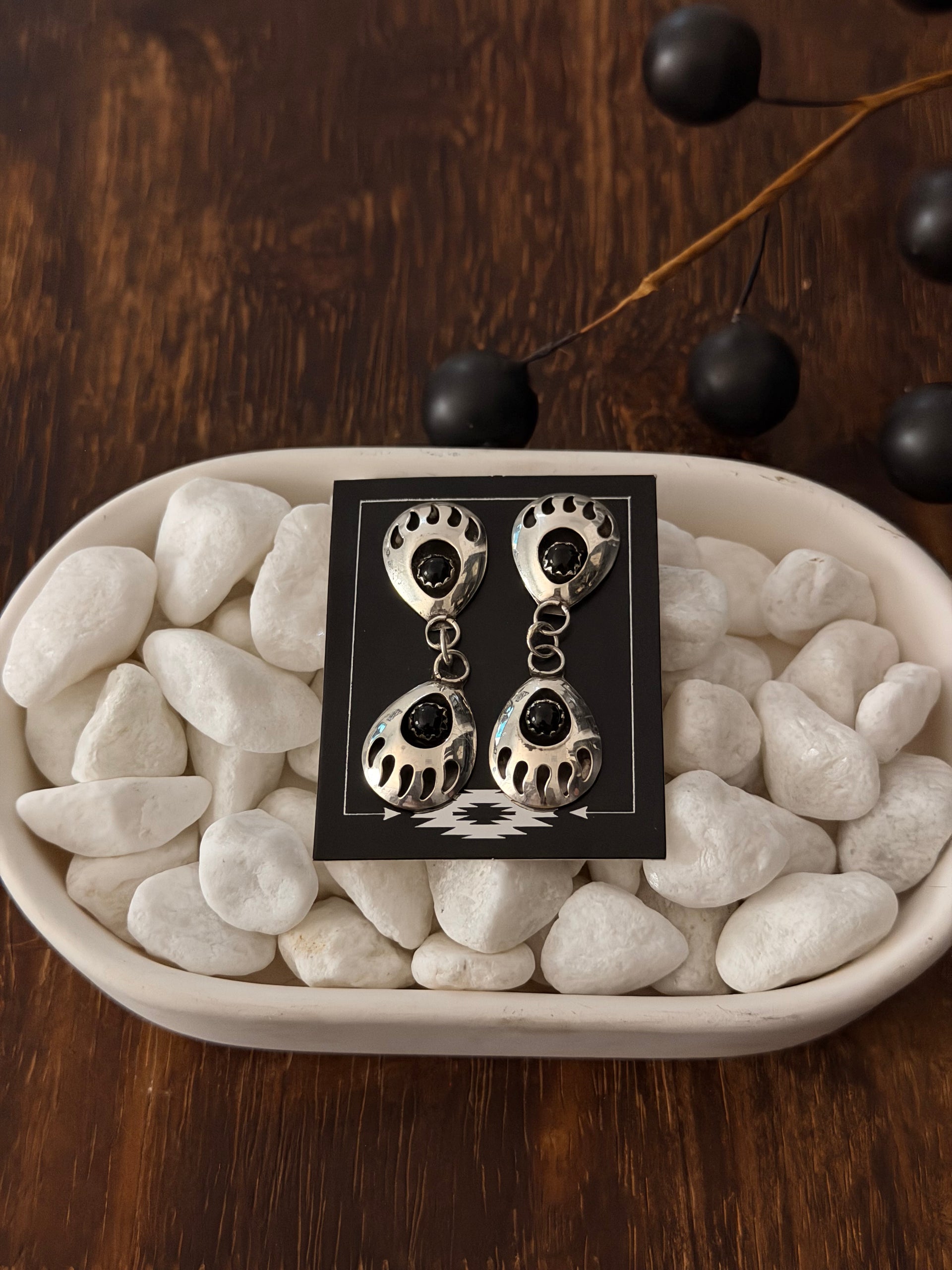 Navajo Made Onyx & Sterling Silver Post Dangle Bear Claw Earrings