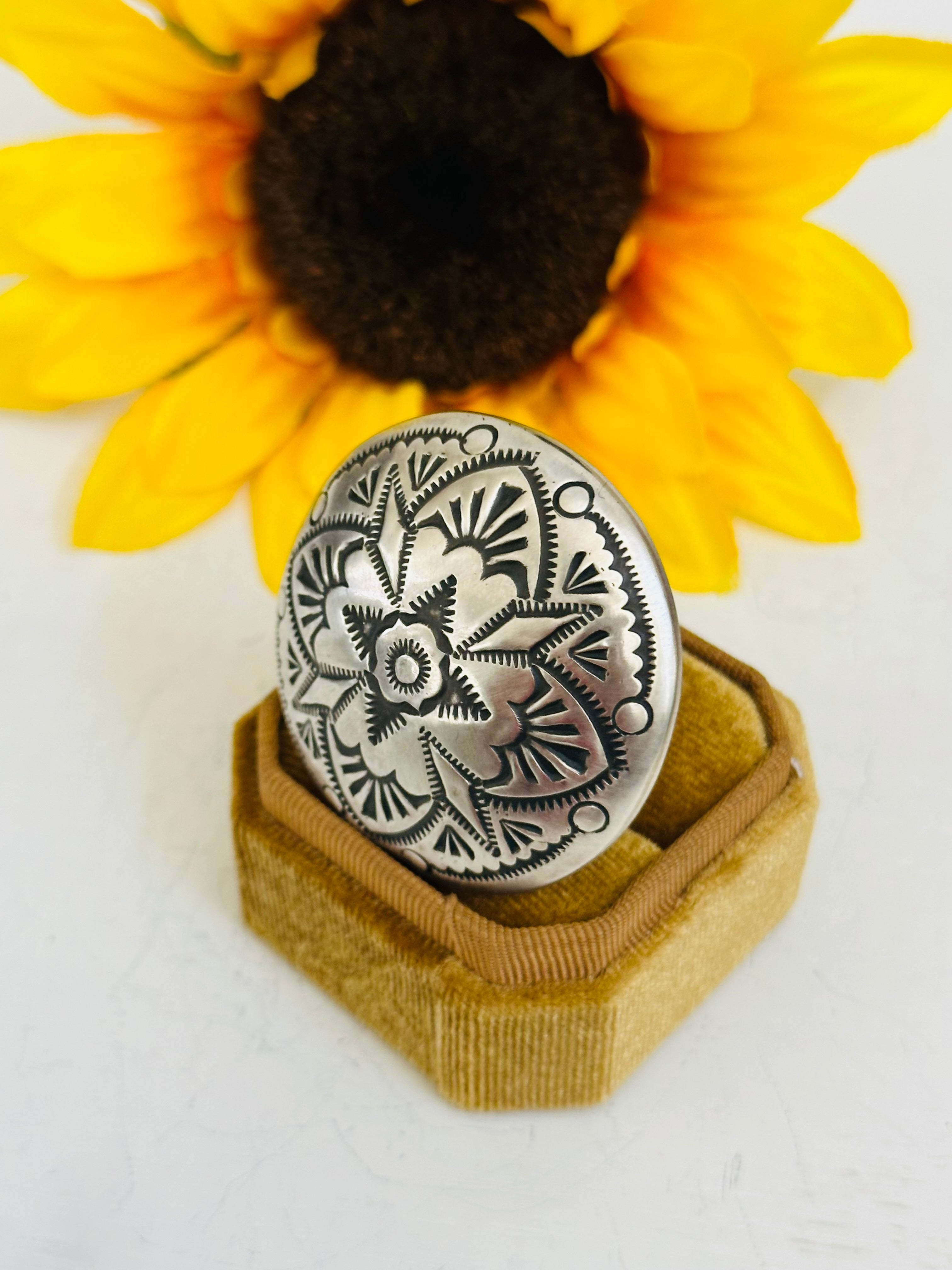 Leander Tahe Sterling Silver Concho Adjustable Ring