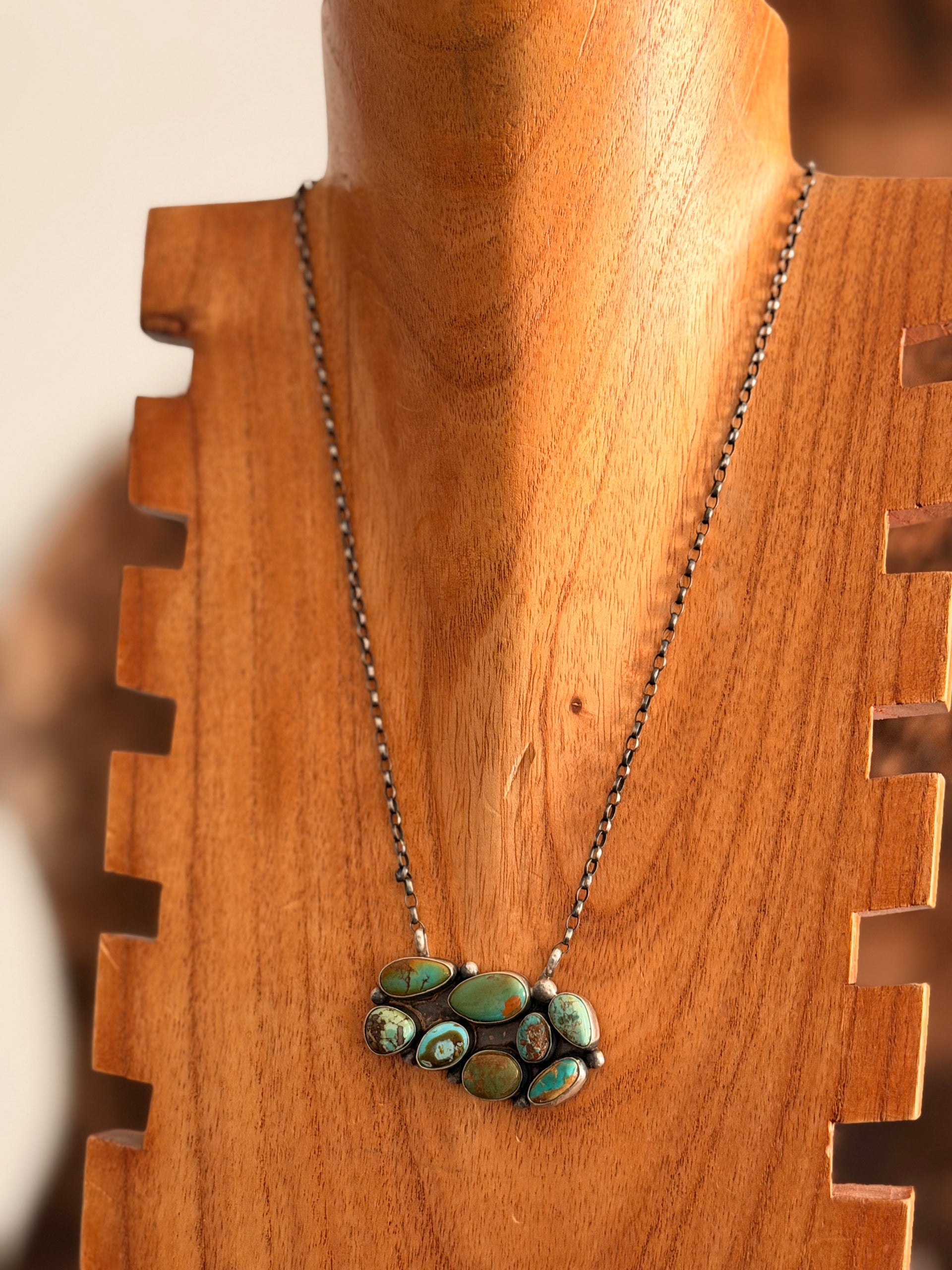 Navajo Made Royston Turquoise & Sterling Silver Cluster Necklace