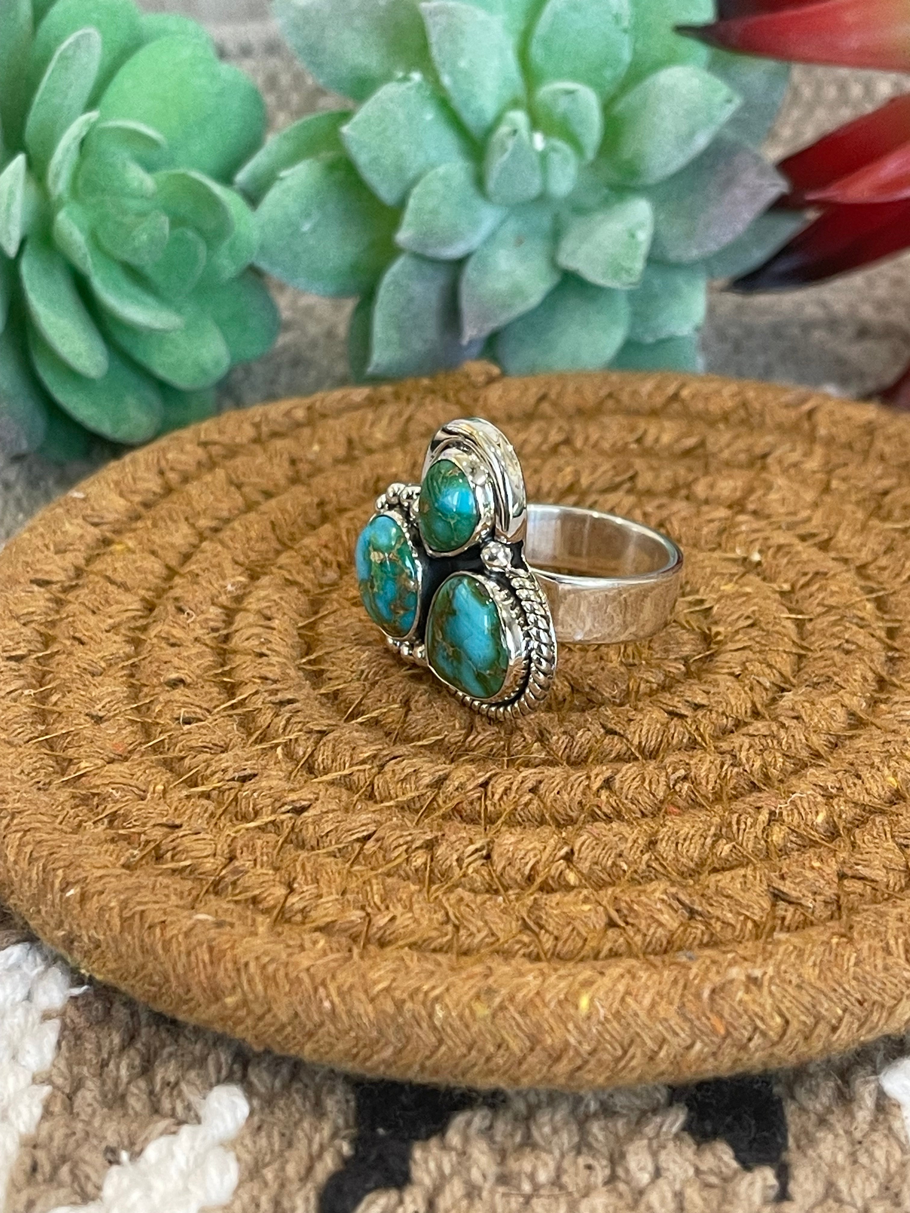 Southwest Handmade Sonoran Mountain Turquoise & Sterling Silver Adjustable 3 Stone Ring