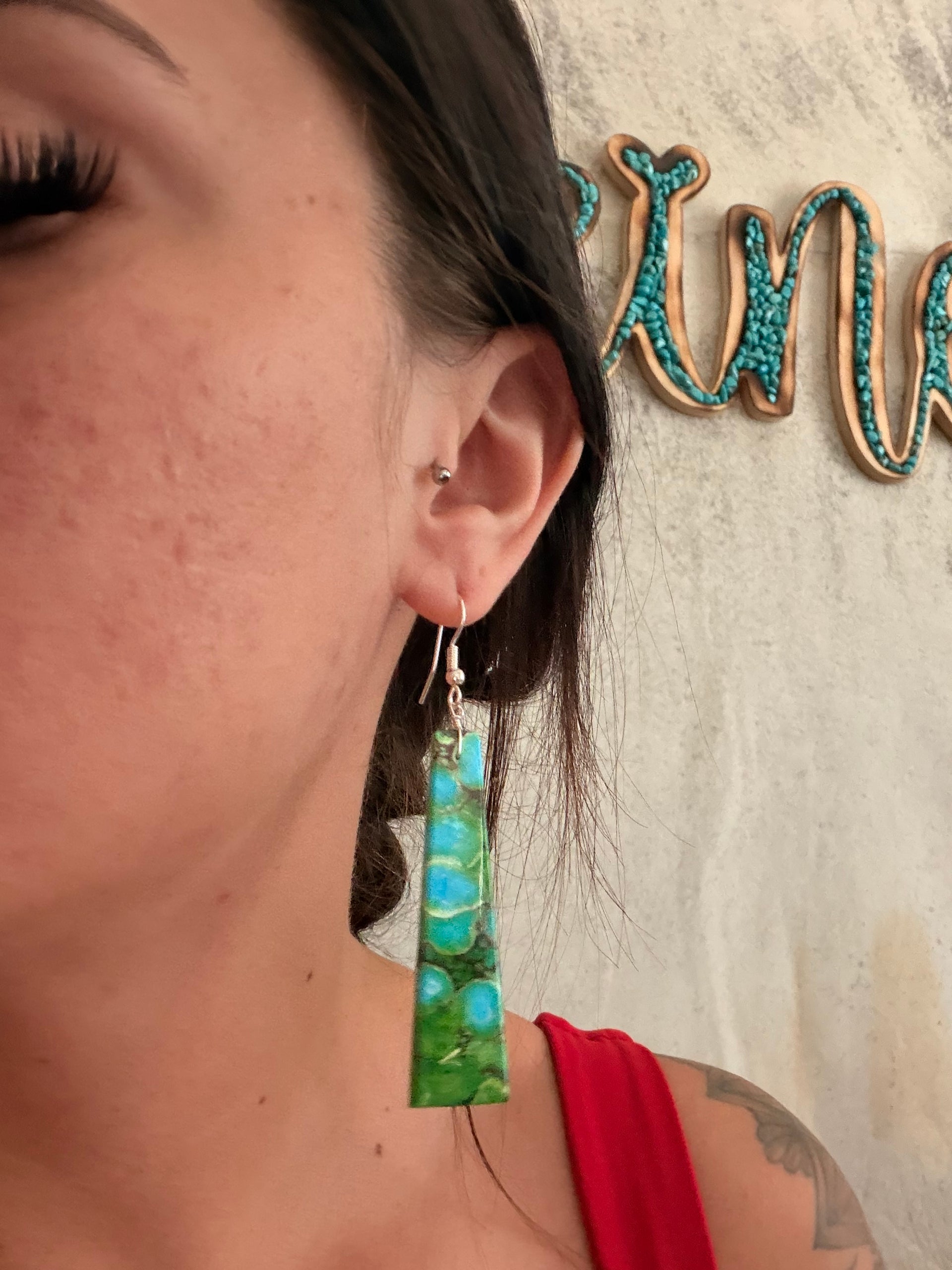 Navajo Made Green Mohave Turquoise & Sterling Silver Slab Dangle Earrings