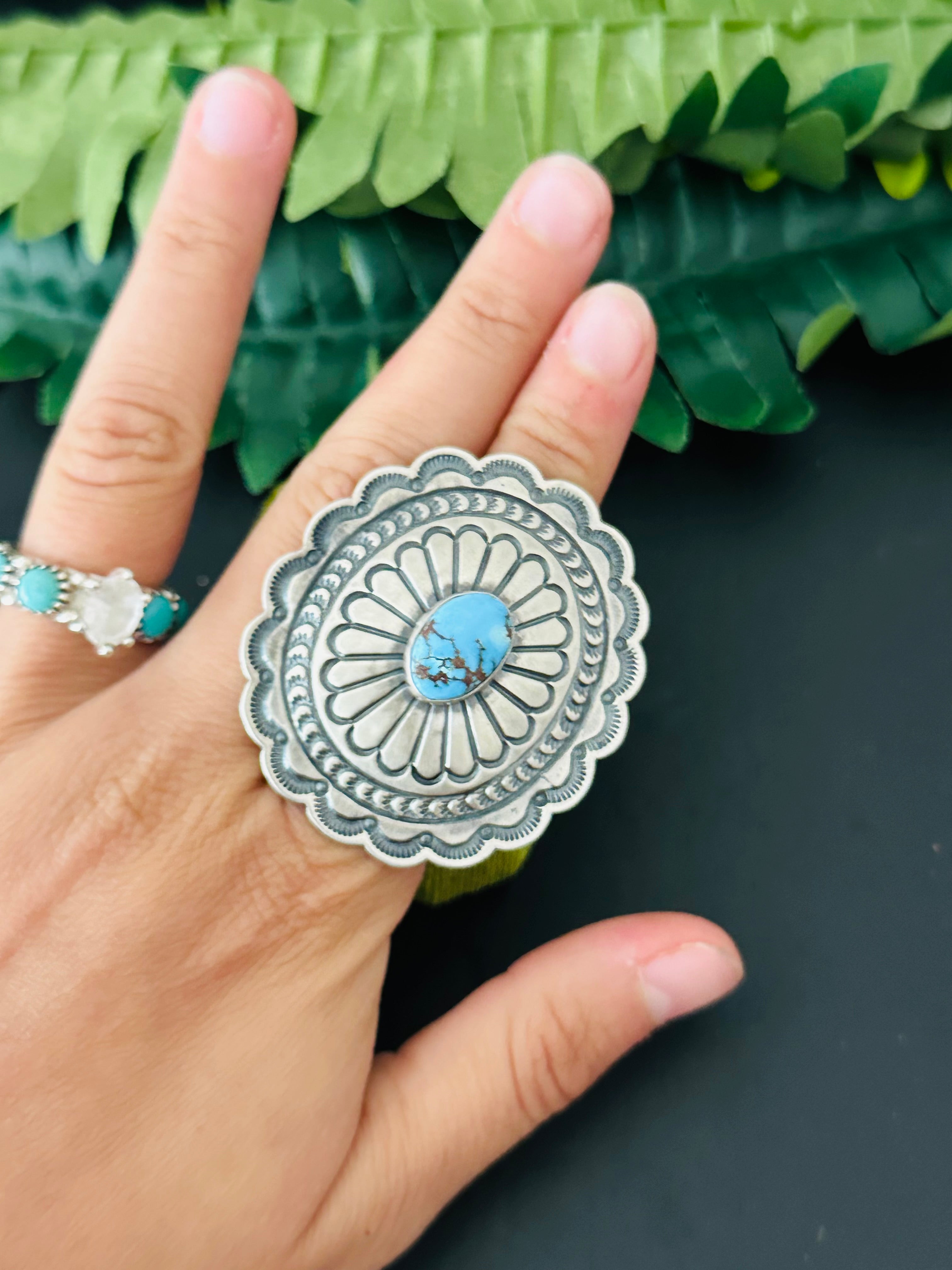 Navajo Made Golden Hills Turquoise & Sterling Silver Concho Ring Size 5.75