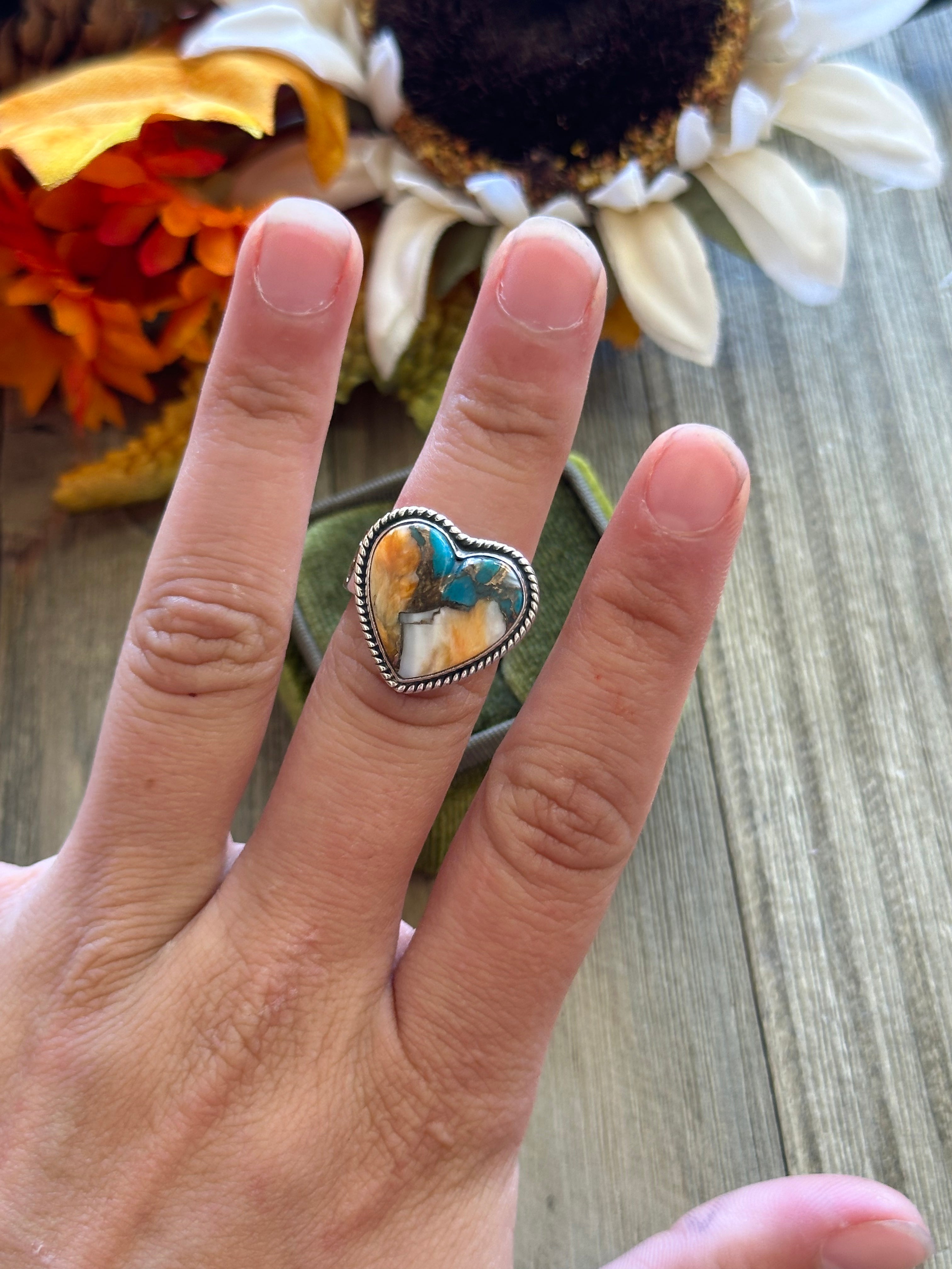 Southwest Handmade Mohave Turquoise & Sterling Silver Adjustable Heart Ring