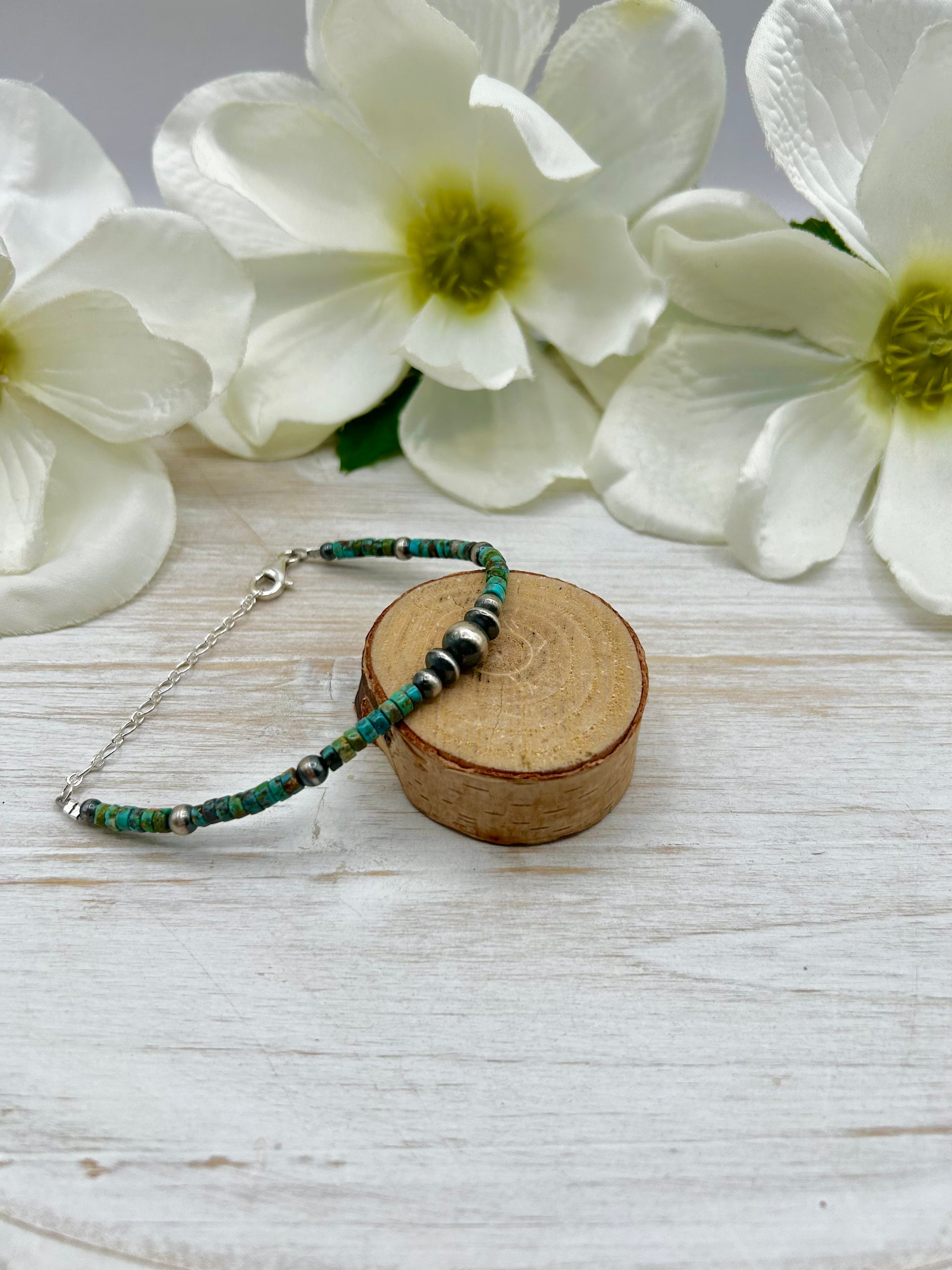 Navajo Made Strung Heshi Turquoise & Sterling Silver Link Bracelet