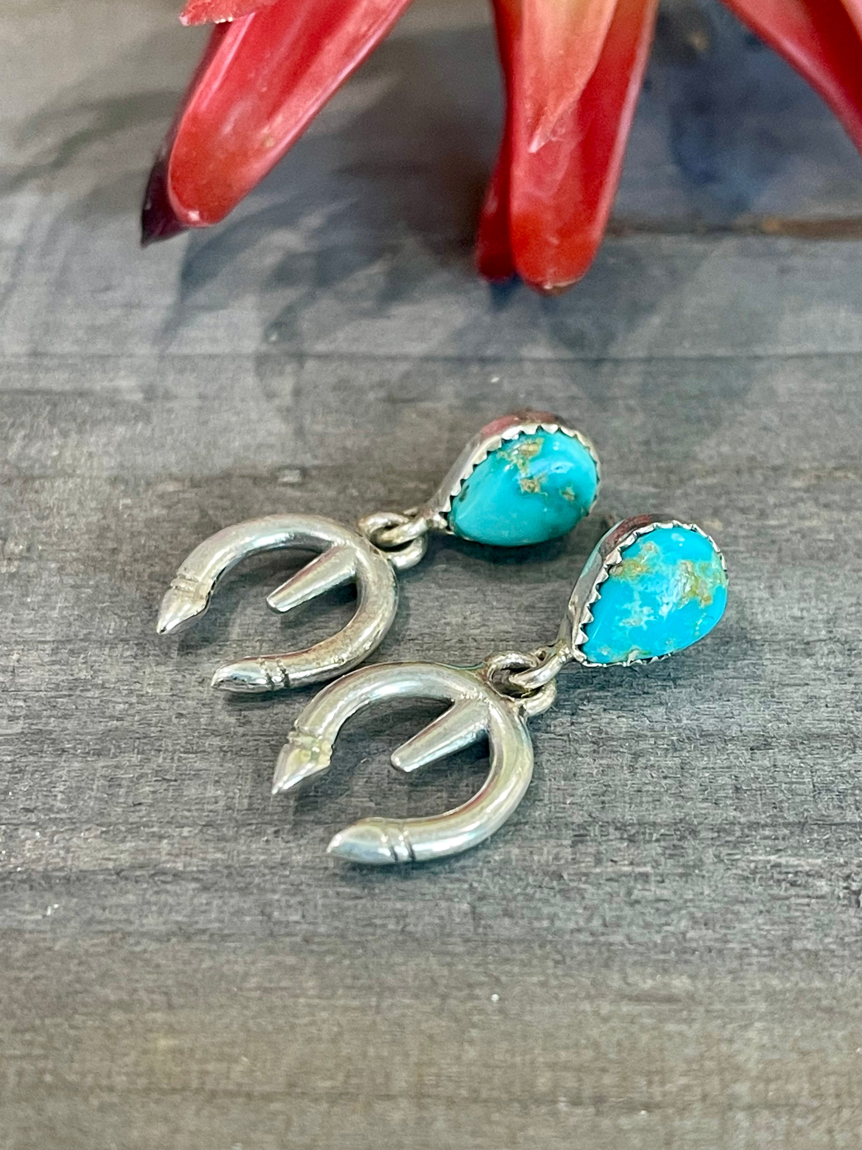 Southwest Handmade Kingman Turquoise & Sterling Silver Post Dangle Naja Earrings