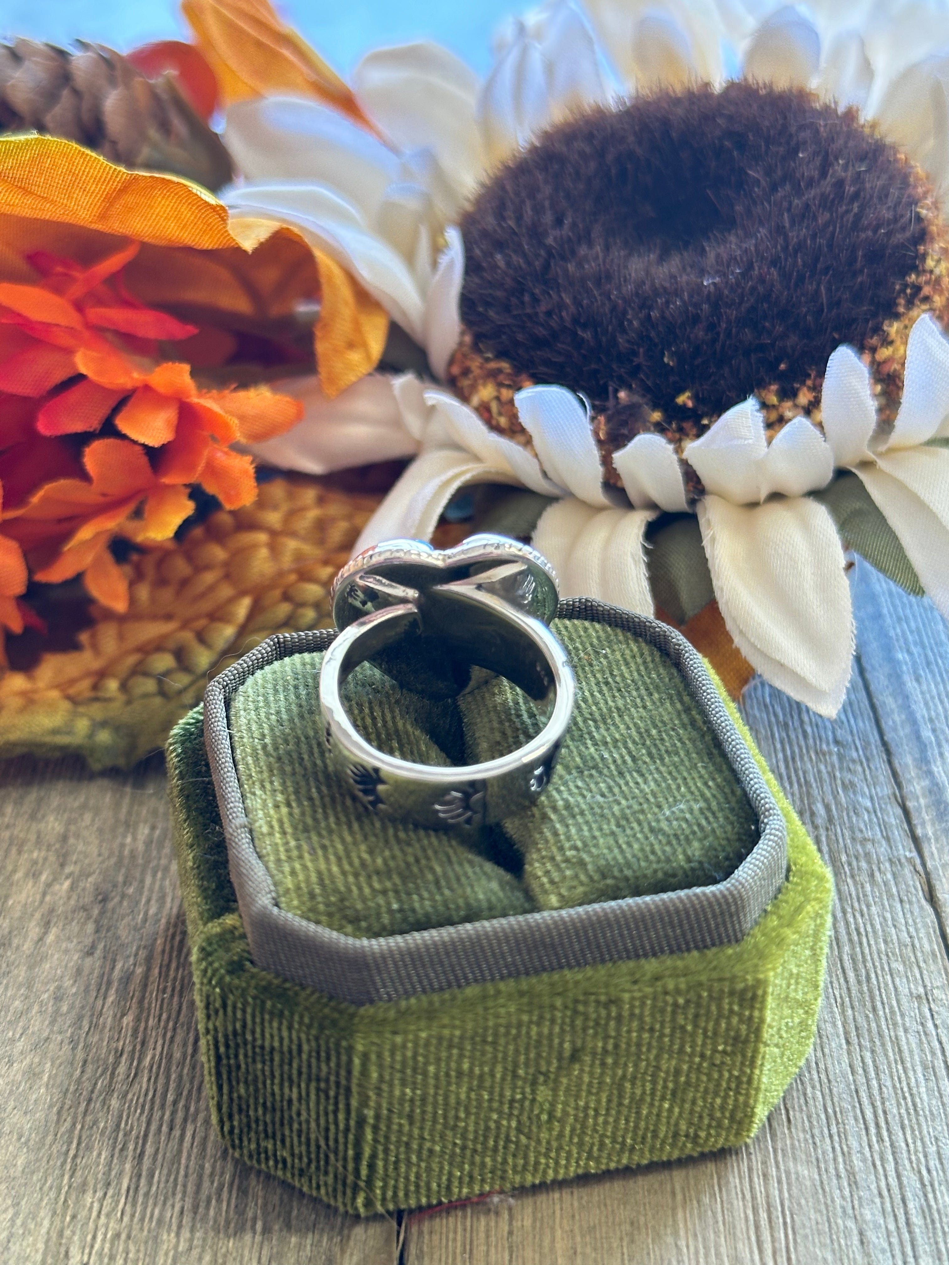 Southwest Handmade Mohave Turquoise & Sterling Silver Adjustable Heart Ring