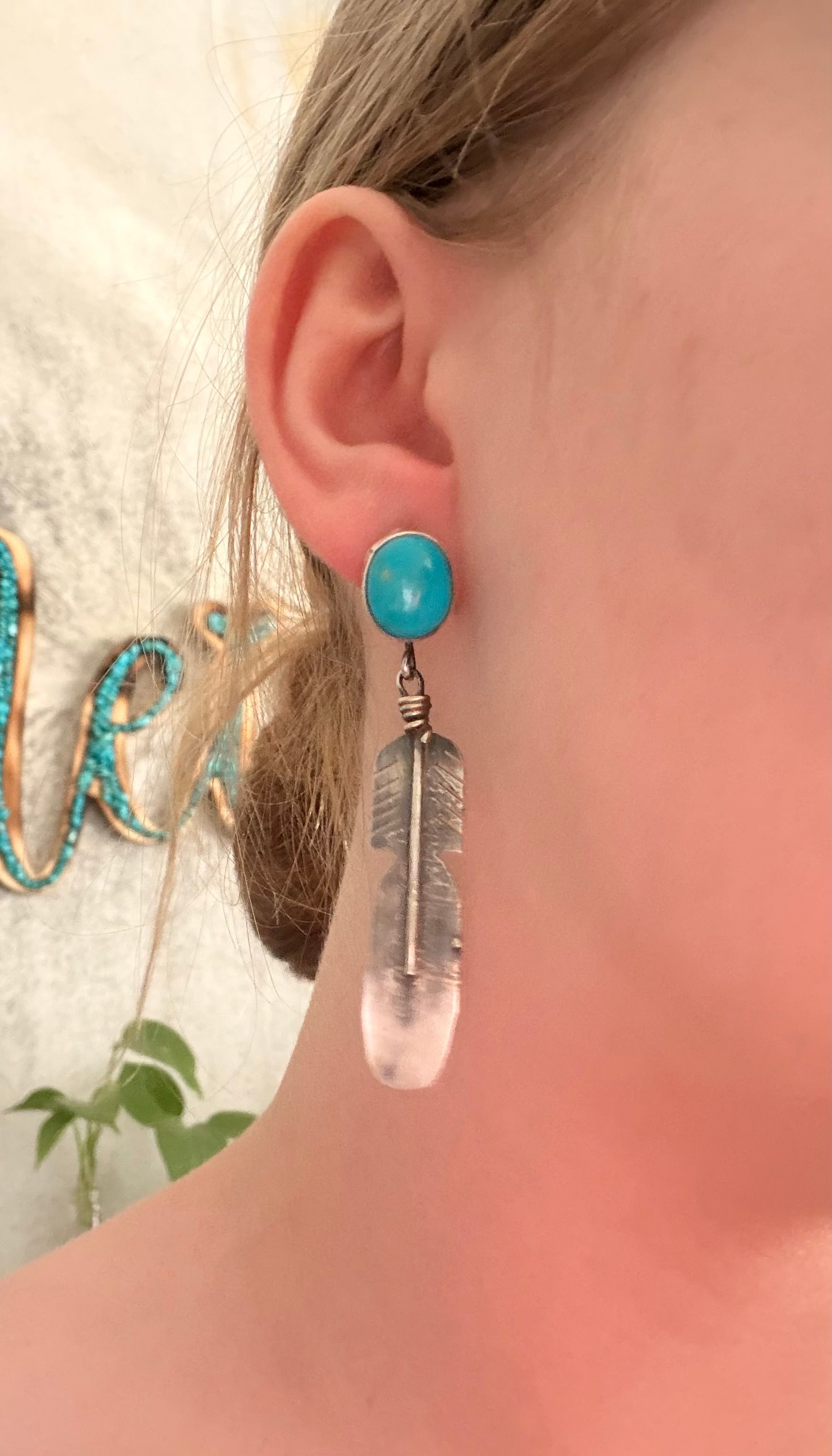 Kobe Martinez Kingman Turquoise & Sterling Silver Post Dangle Feather Earrings
