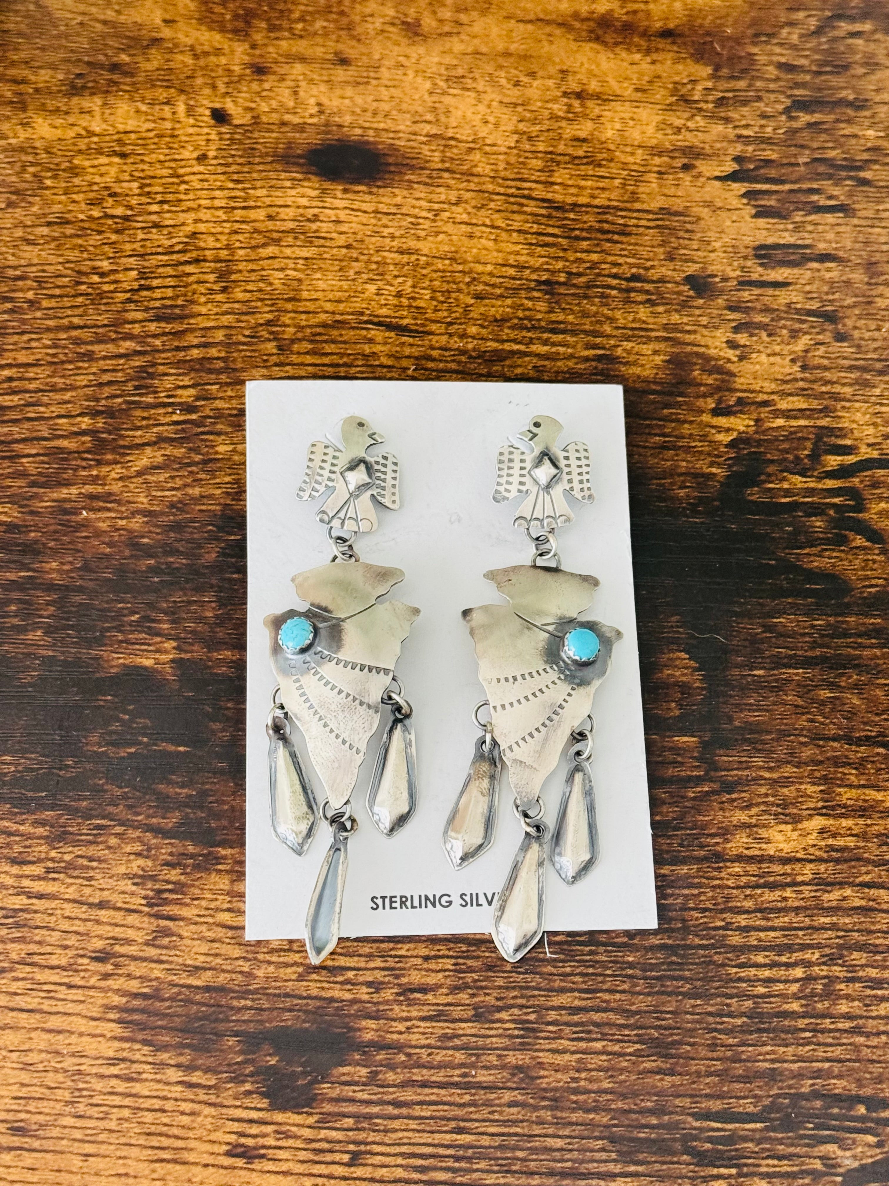 Tim Yazzie Kingman Turquoise & Sterling Silver Post Dangle Thunderbird Earrings