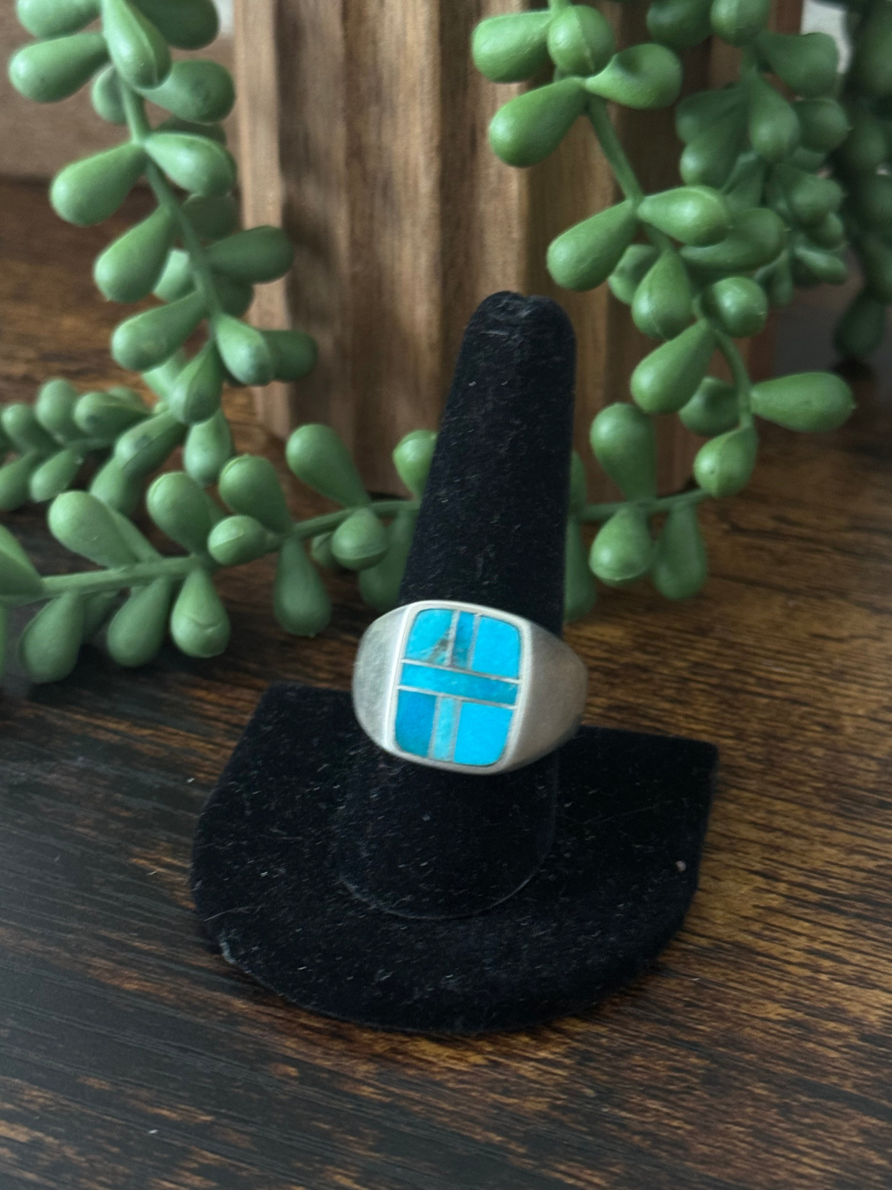 Navajo Made Kingman Turquoise & Sterling Silver Inlay Ring Size 10