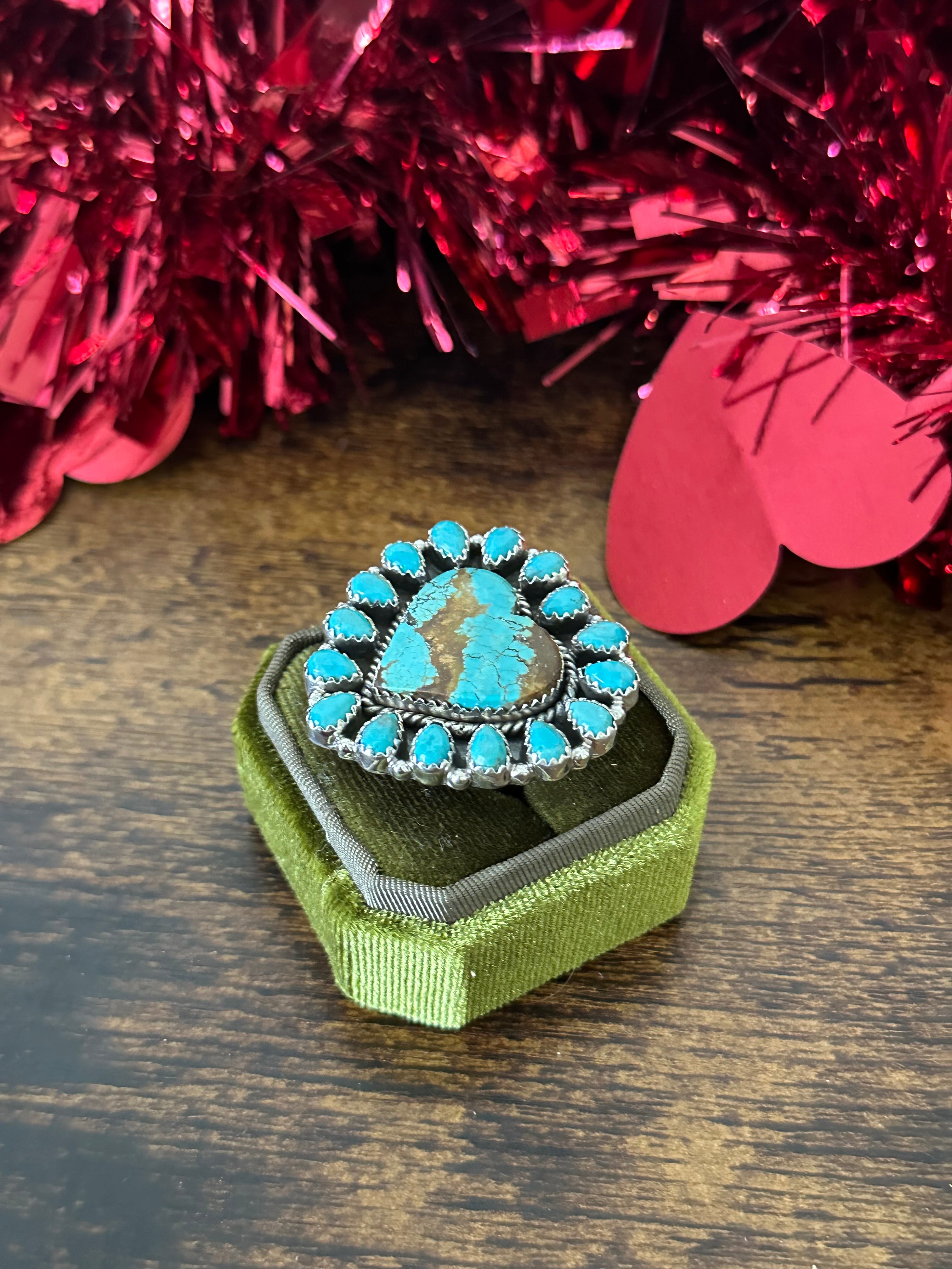 Southwest Handmade Multi Turquoise & Sterling Silver Heart Cluster Adjustable Ring