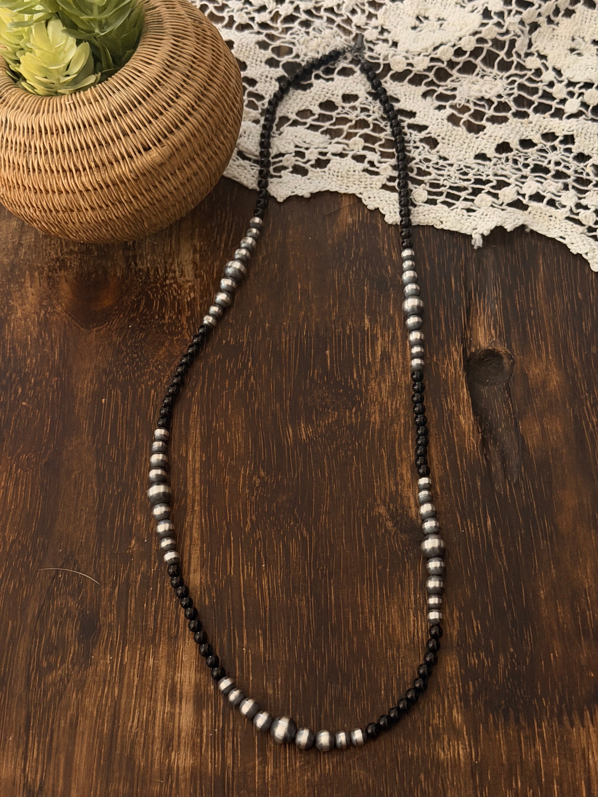 Navajo Strung Onyx & Sterling Silver Machine Made 24” Pearls Beaded Necklace