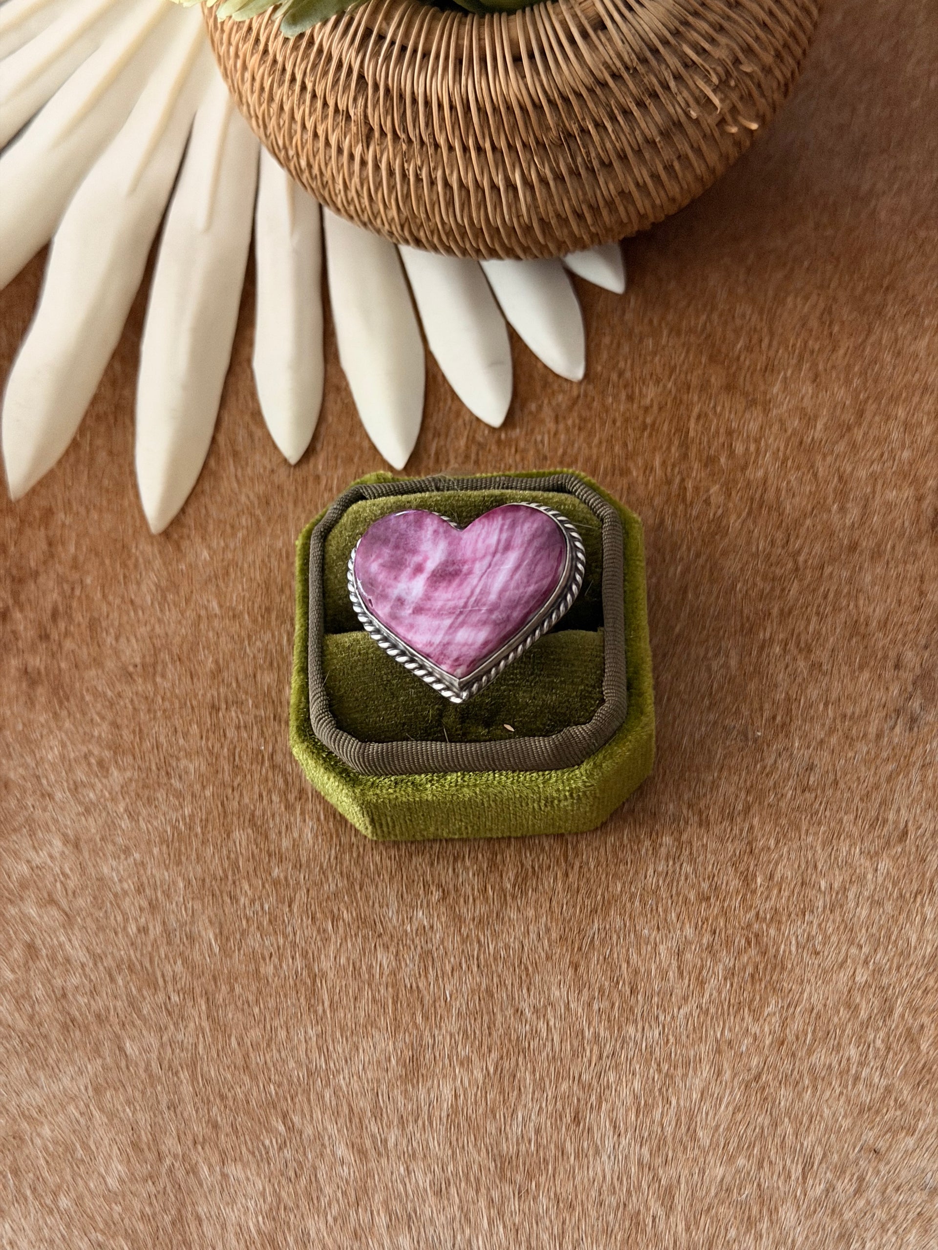Navajo Made Purple Spiny Oyster & Sterling Silver Adjustable Heart Ring