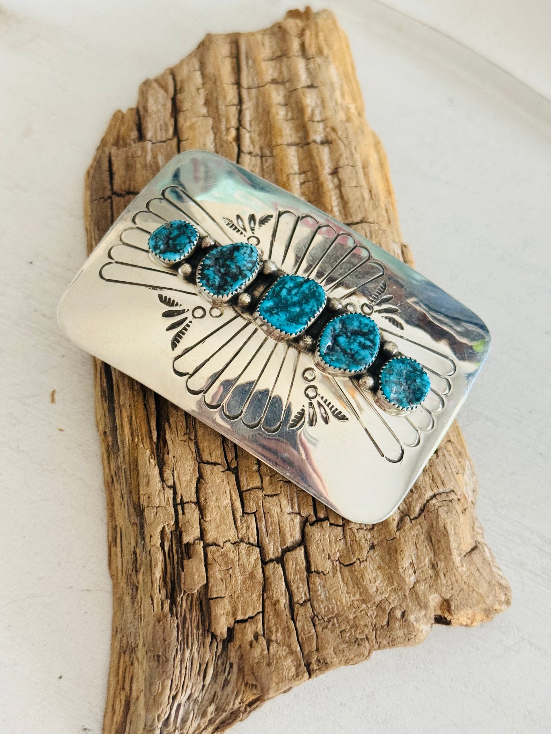 Navajo Made Kingman Turquoise & Sterling Silver Belt Buckle