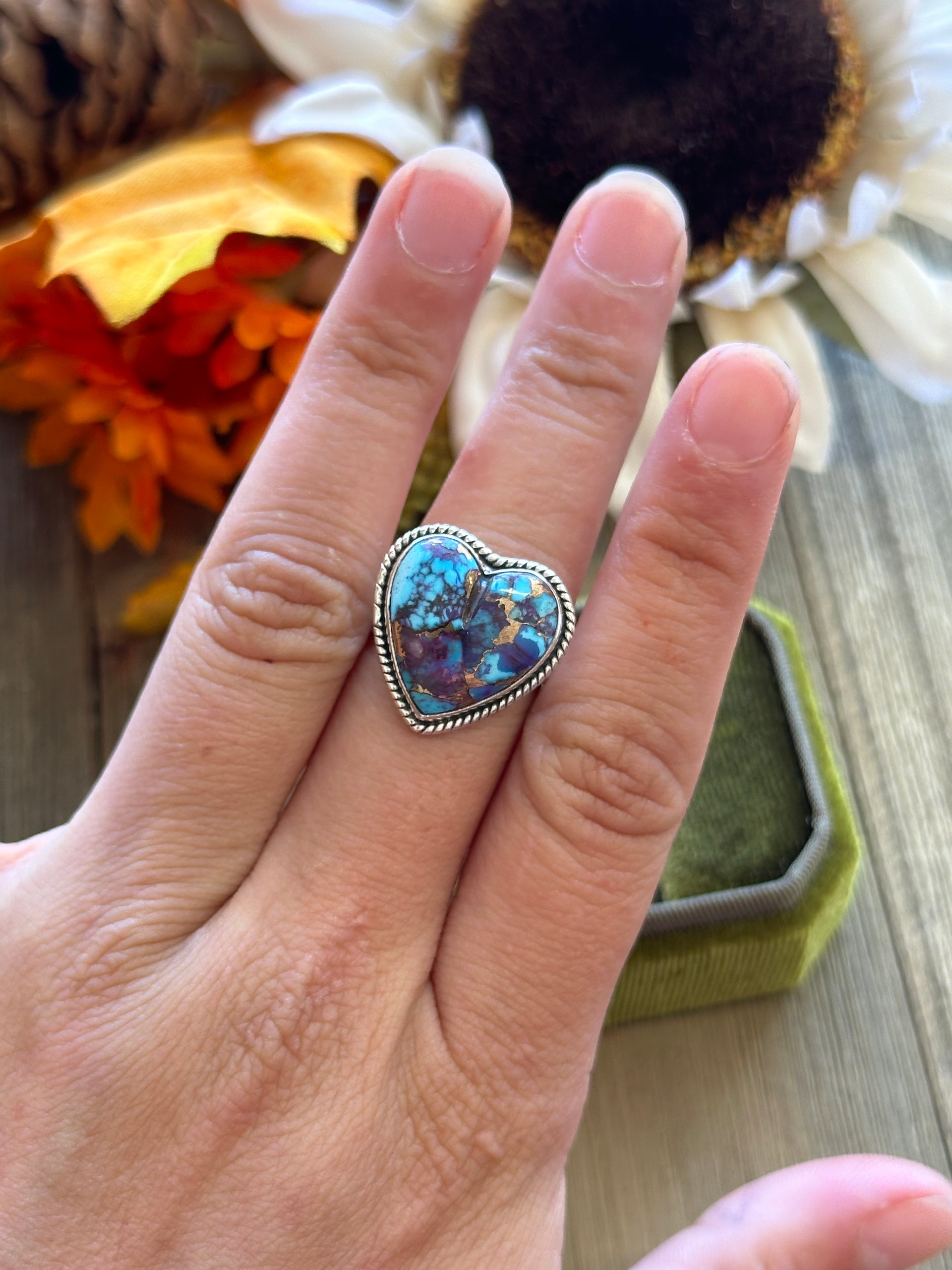Southwest Handmade Mohave Turquoise & Sterling Silver Adjustable Heart Ring