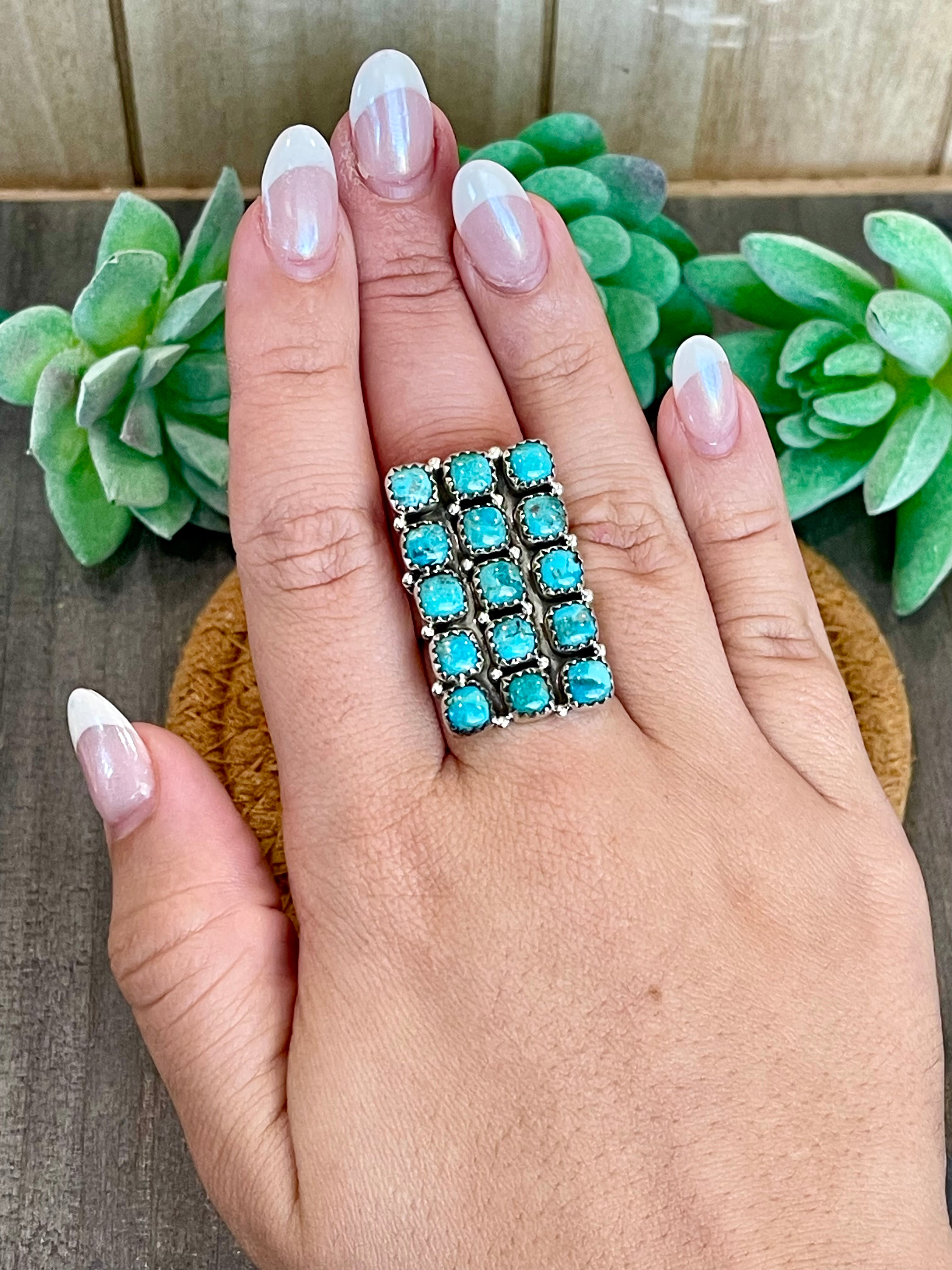 Southwest Handmade Kingman Turquoise & Sterling Silver Adjustable Cluster Ring