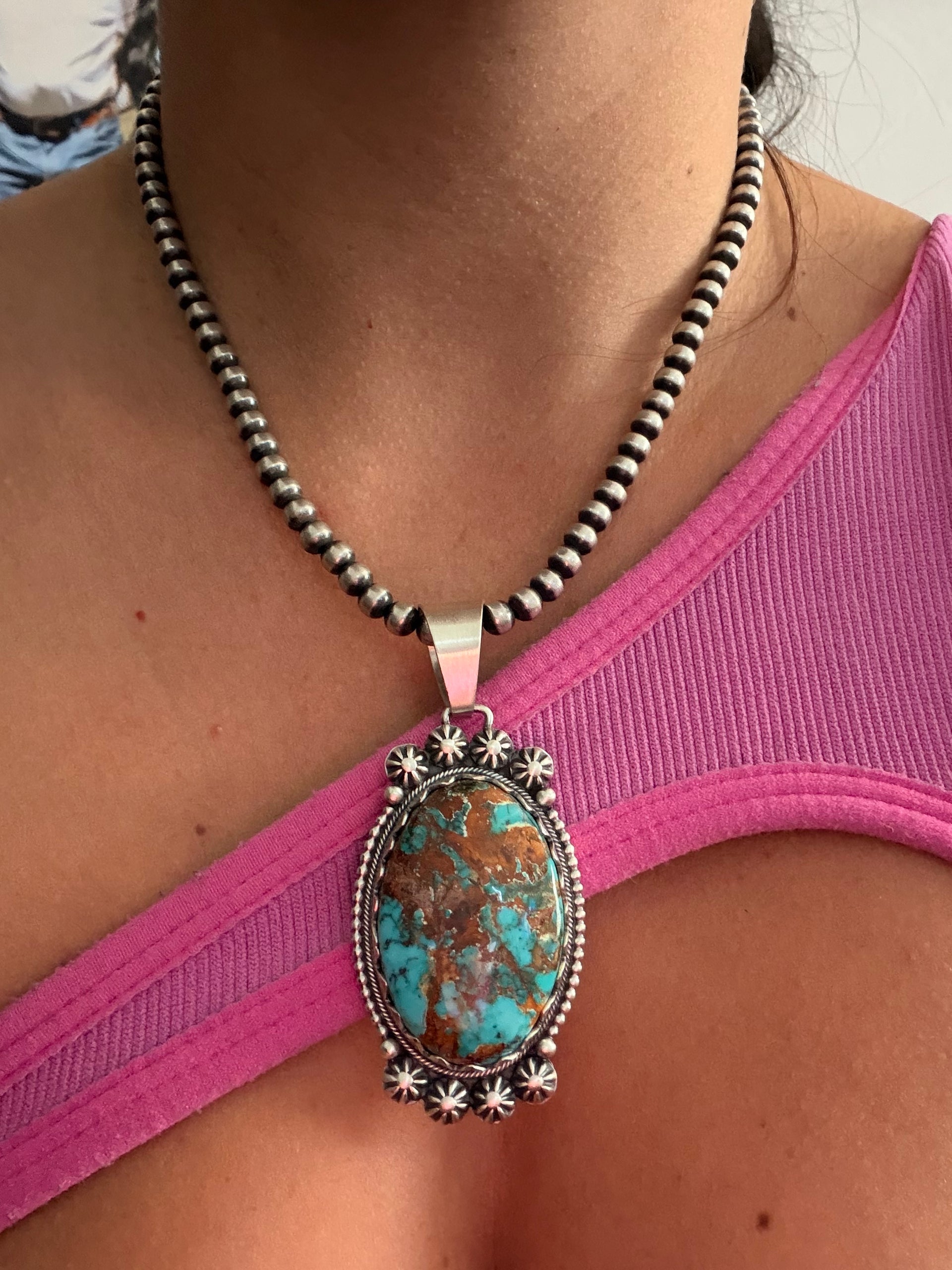 Navajo Made High Grade Pilot Mountain Turquoise & Sterling Silver Pendant