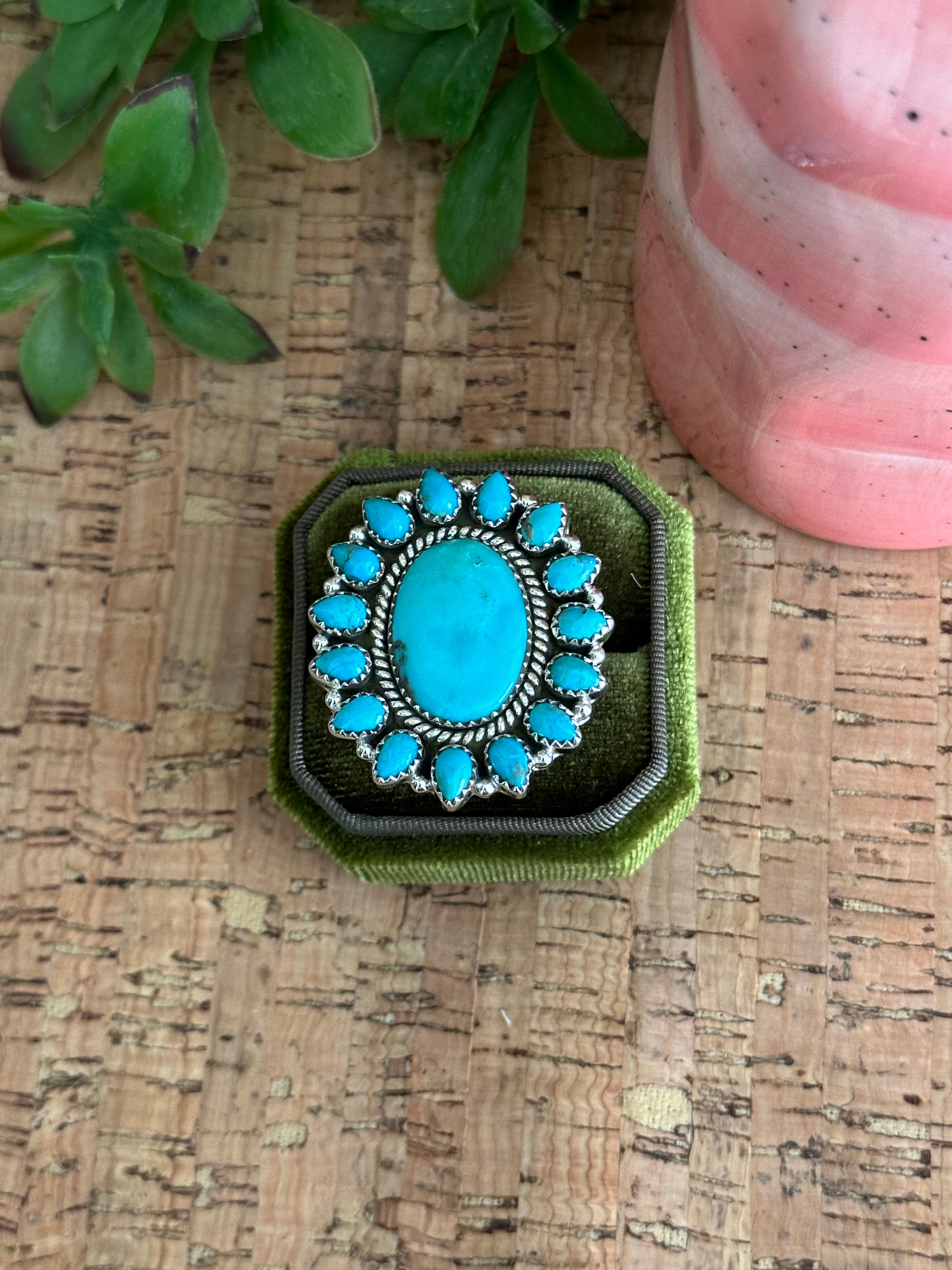 Southwest Handmade Kingman Turquoise & Sterling Silver Adjustable Cluster Ring