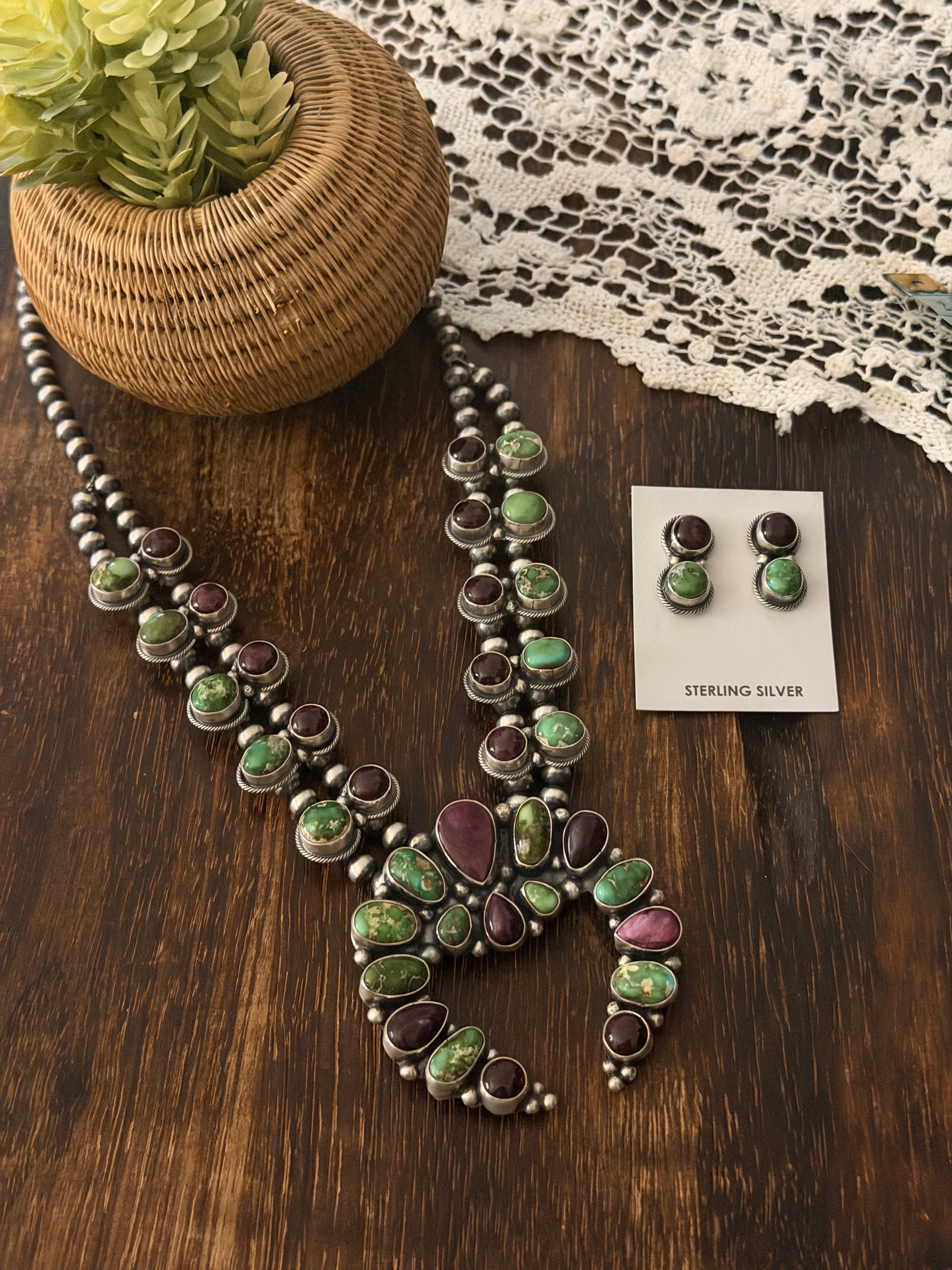 Sheila Becenti Multi Stone & Sterling Silver Cluster Squash Necklace Set