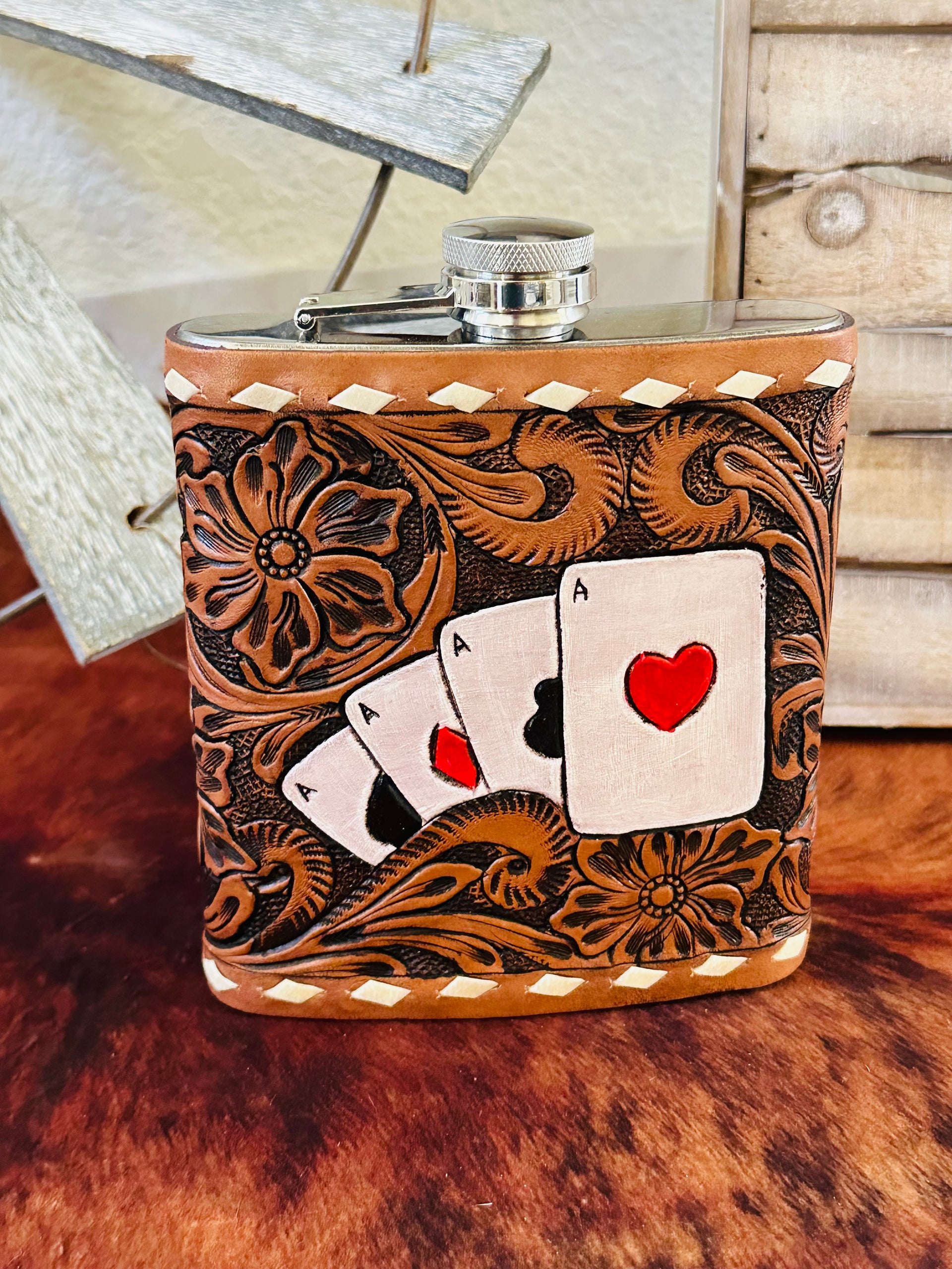 Genuine Tooled Leather 18 oz Flask