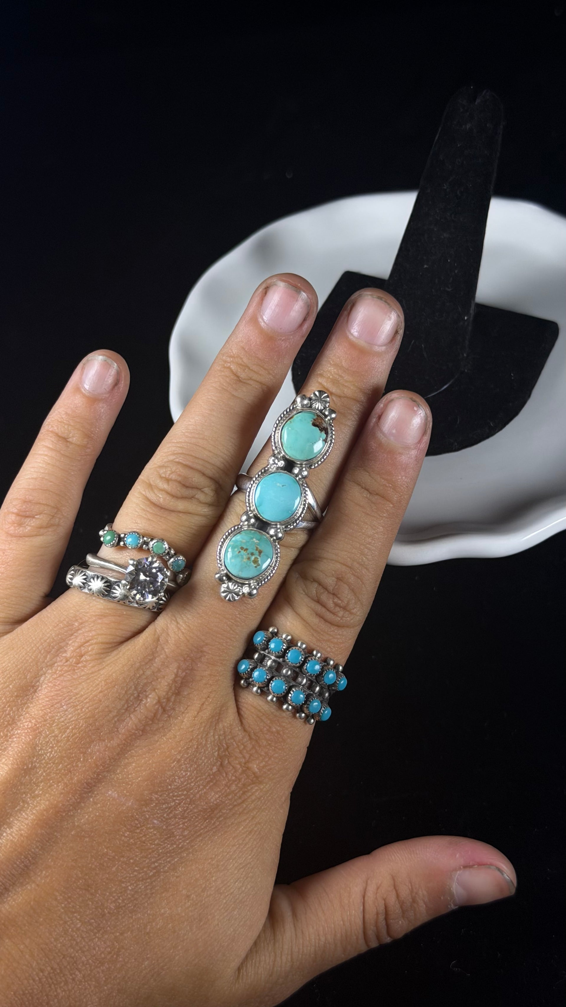 Navajo Made Royston Turquoise & Sterling Silver Cluster Adjustable Ring