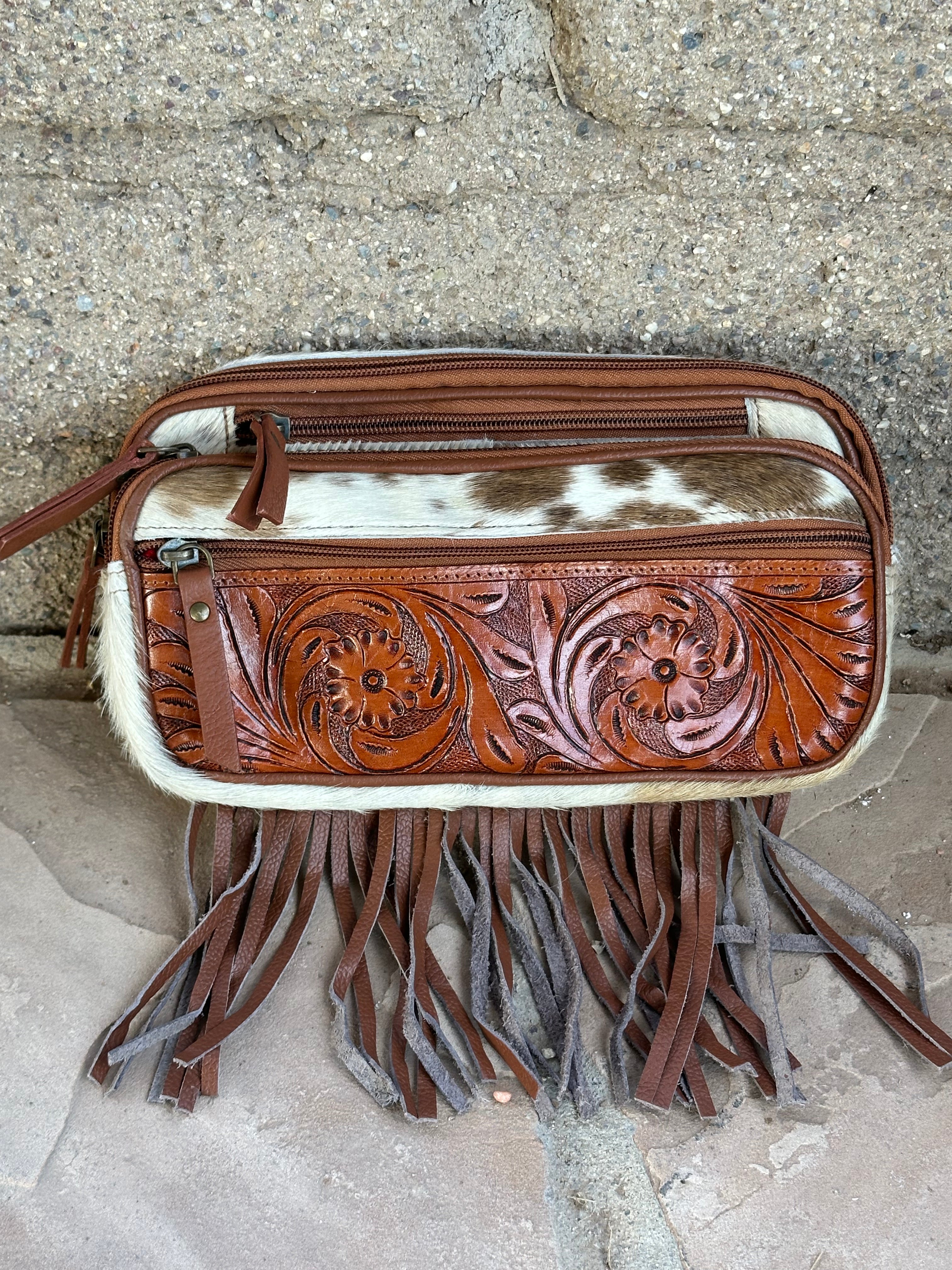 Genuine Tooled Leather Cowhide Cross Body