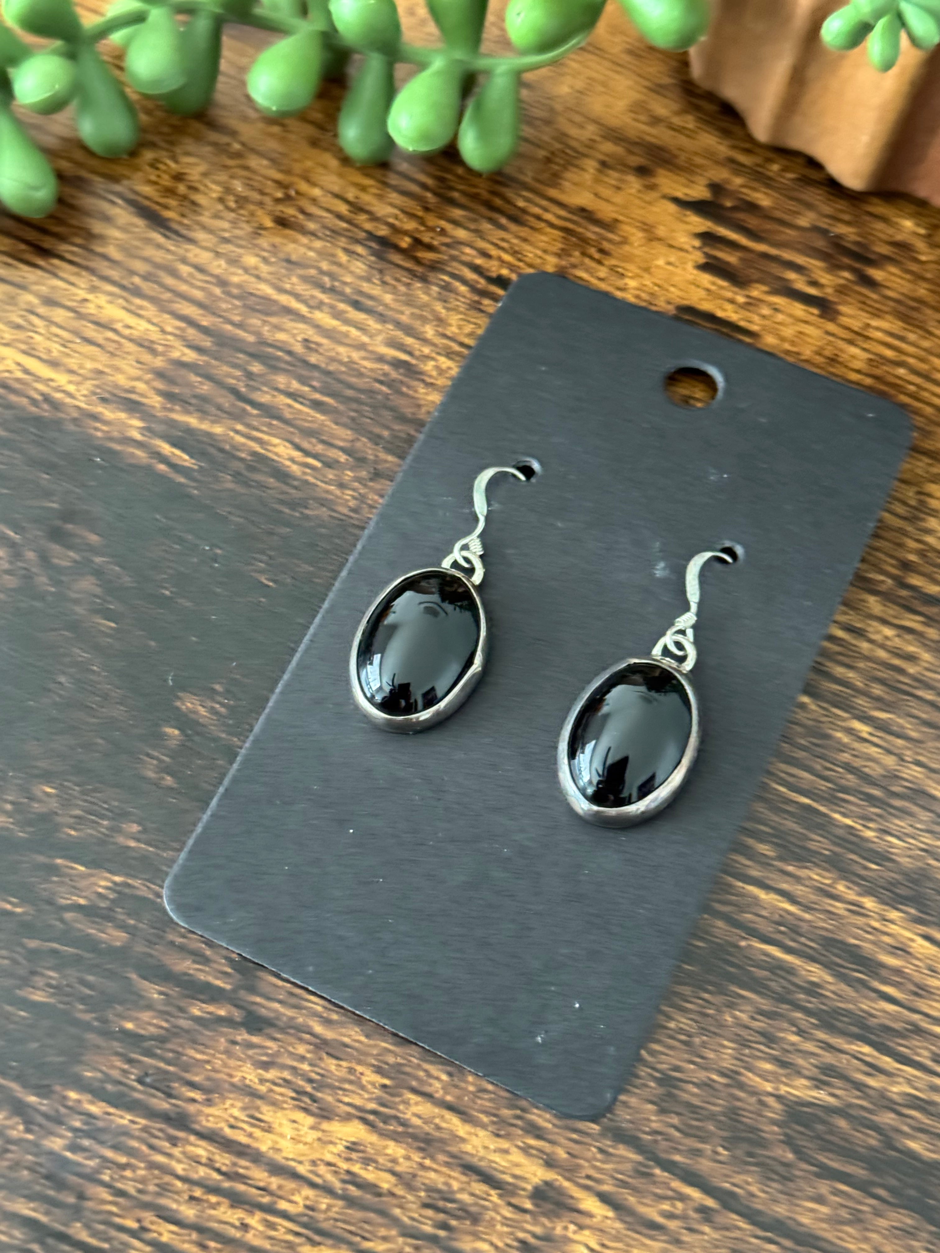 Navajo Made Onyx & Sterling Silver Dangle Earrings