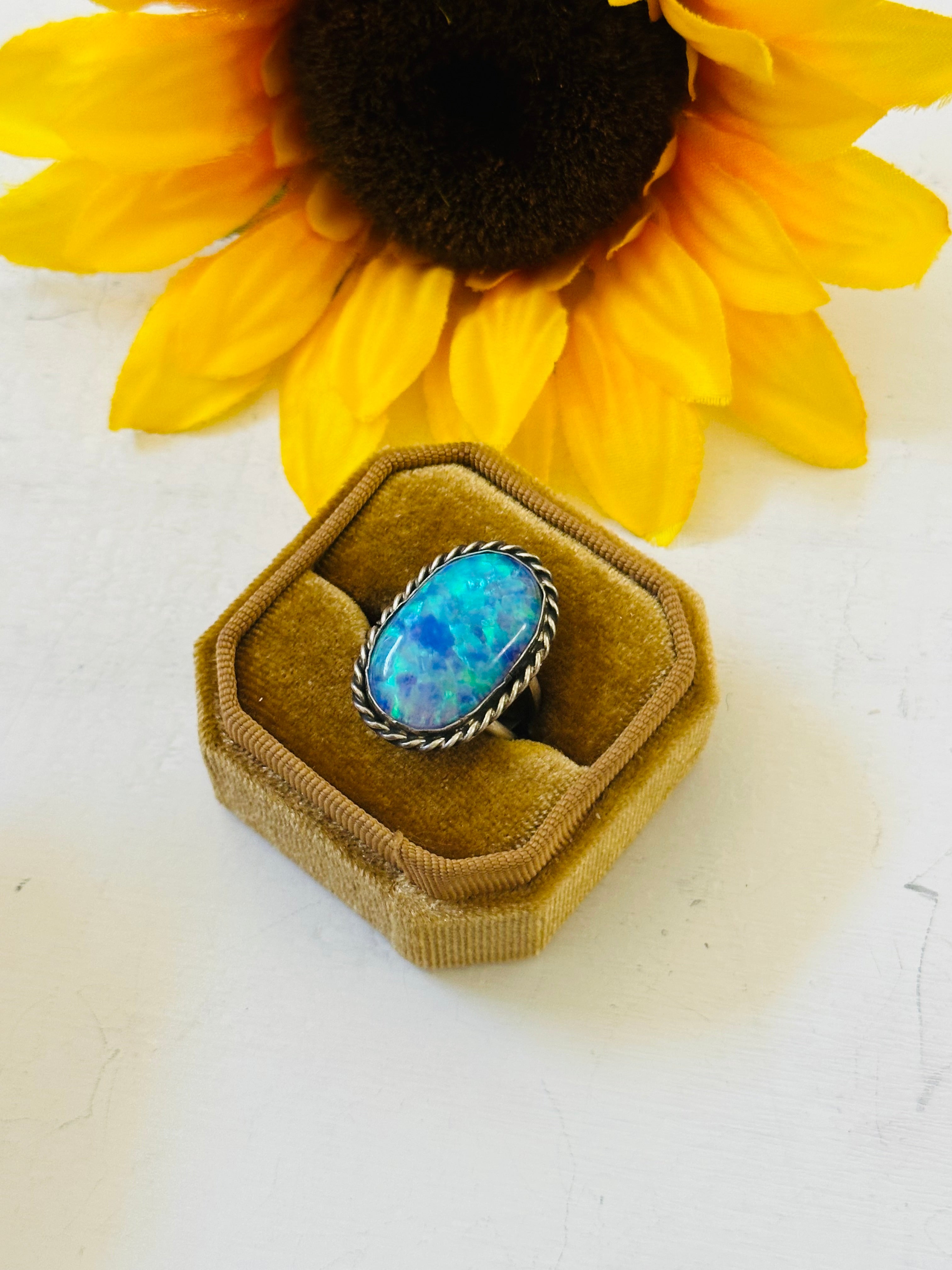 Navajo Made Blue Opal & Sterling Silver Ring Size 6.5