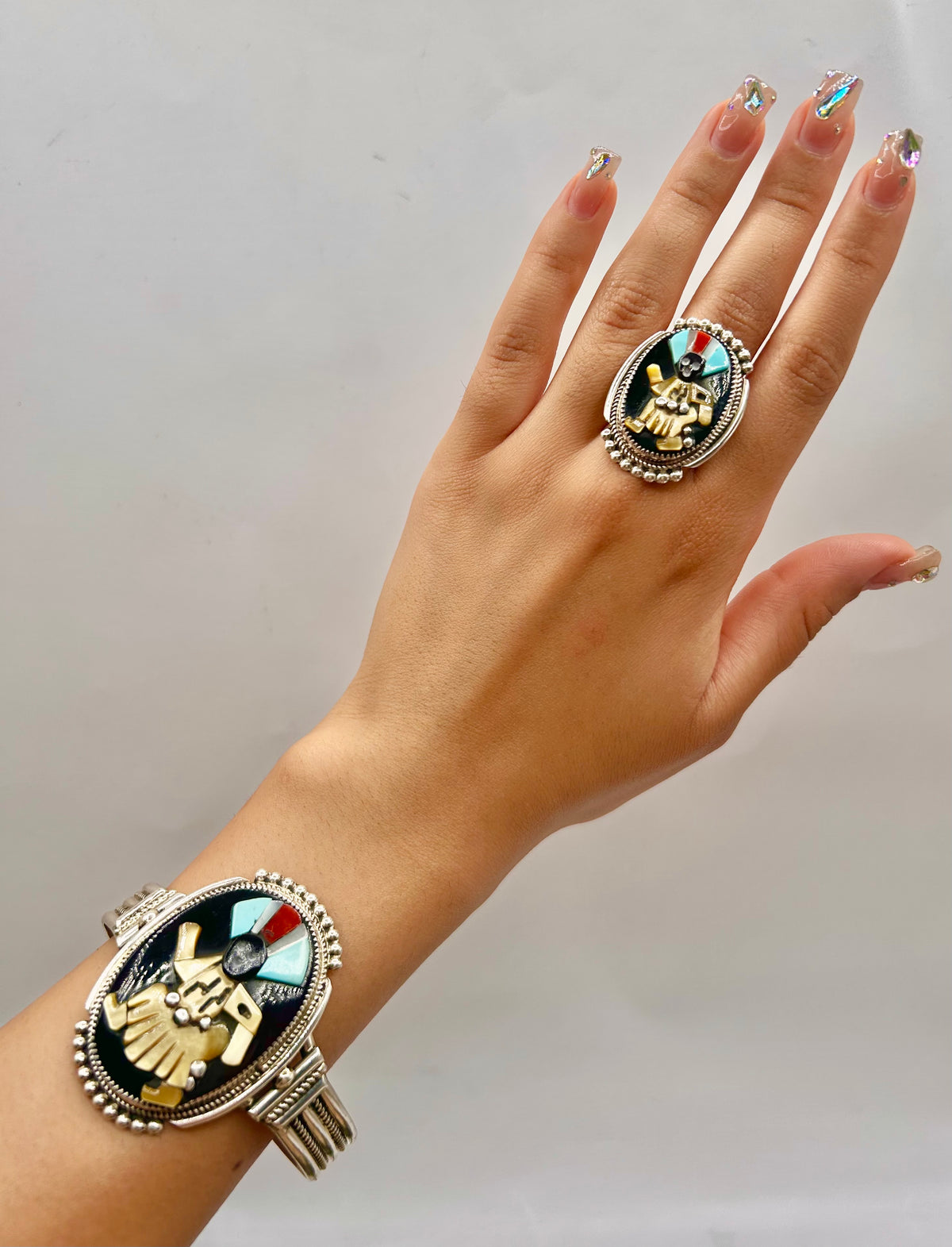Ben Estate Multi Stone & Sterling Silver Cuff Bracelet & Ring Set