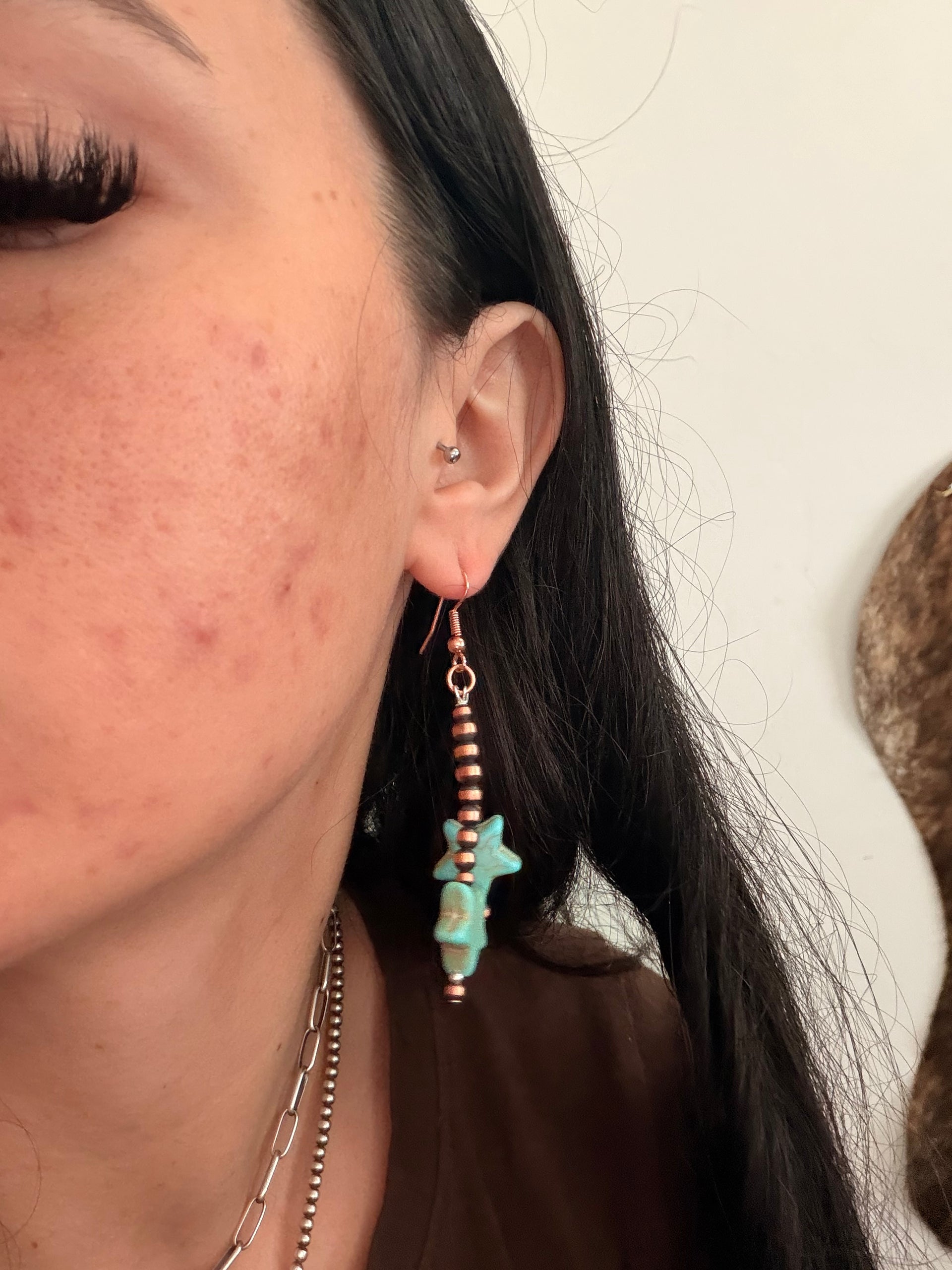 Navajo Strung Copper Graduated Machine Made Pearls Dangle Earrings