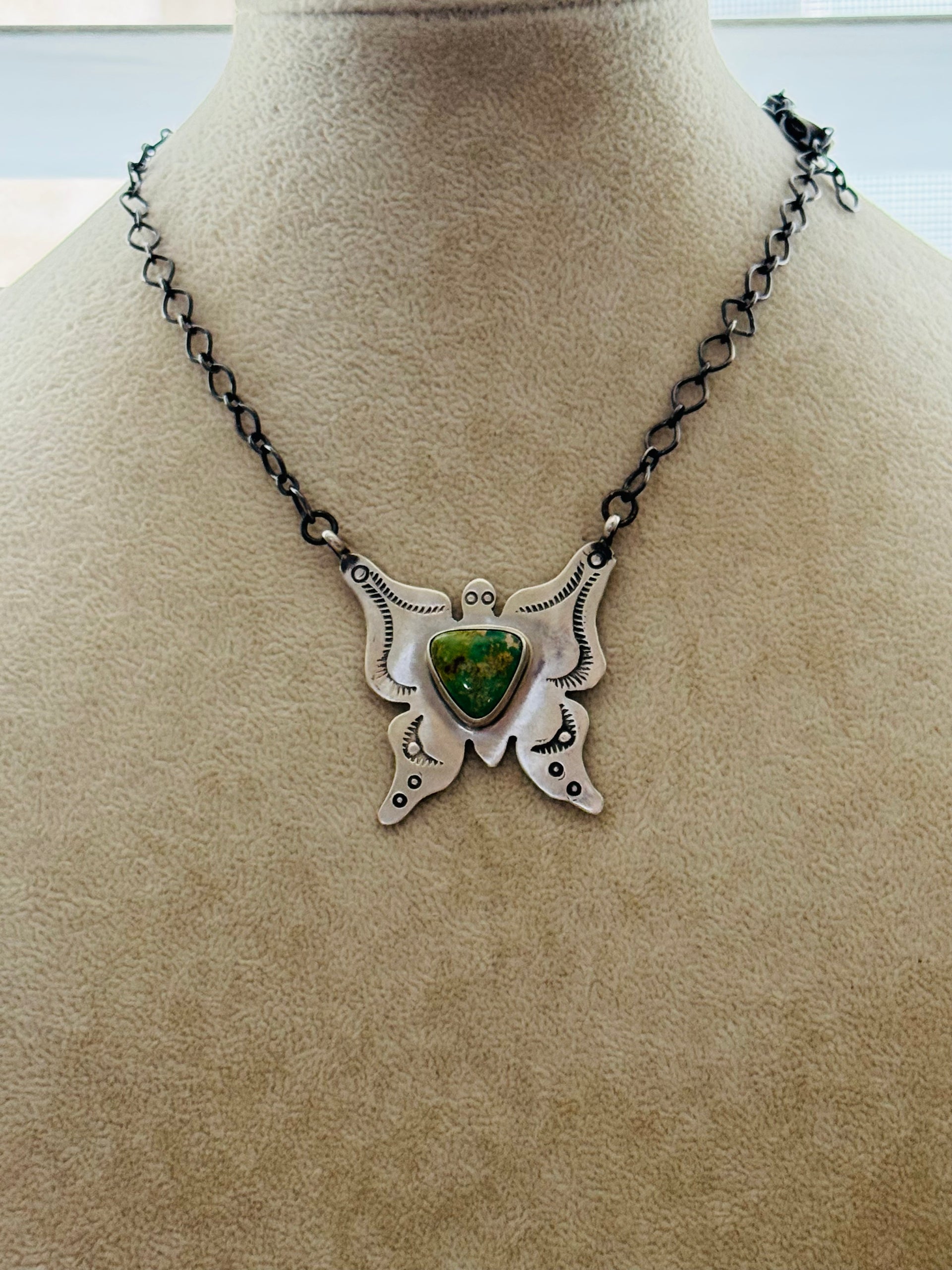 Navajo Made Royston Turquoise & Sterling Silver Butterfly Necklace