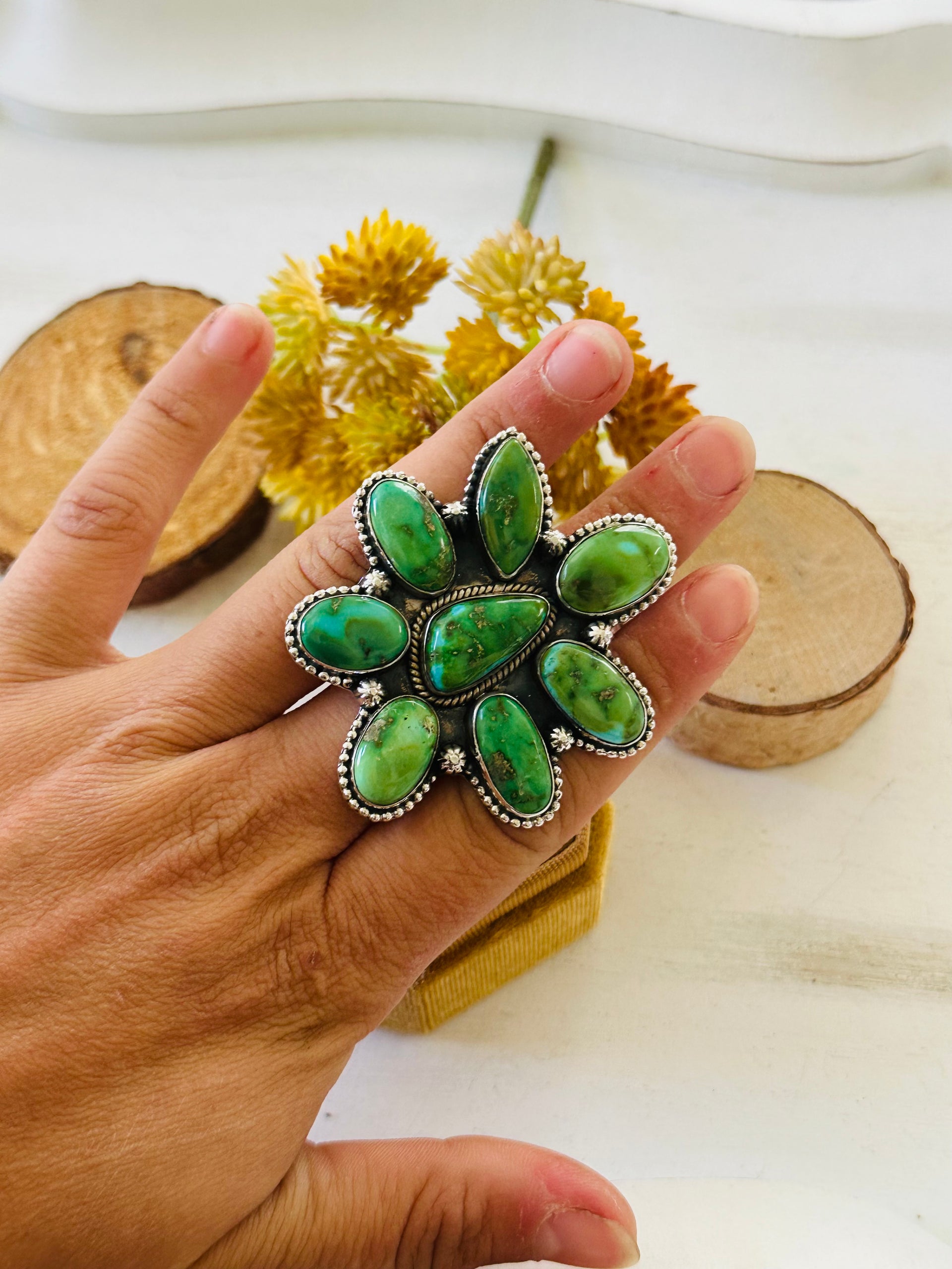 Southwest Handmade Sonoran Mountain Turquoise & Sterling Silver Adjustable Cluster Ring