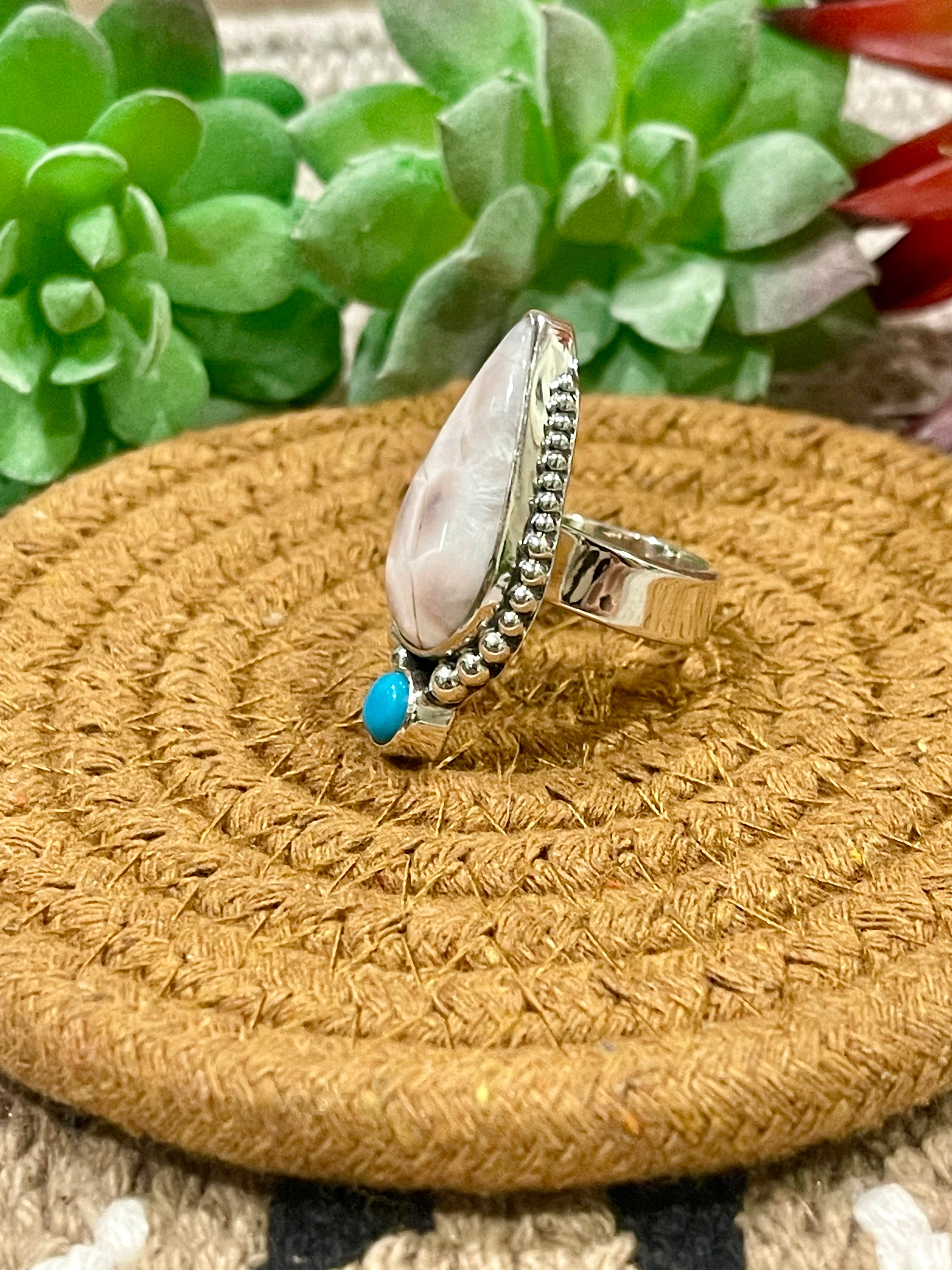 Southwest Handmade Pink Larimar With Kingman Turquoise & Sterling Silver Adjustable Ring