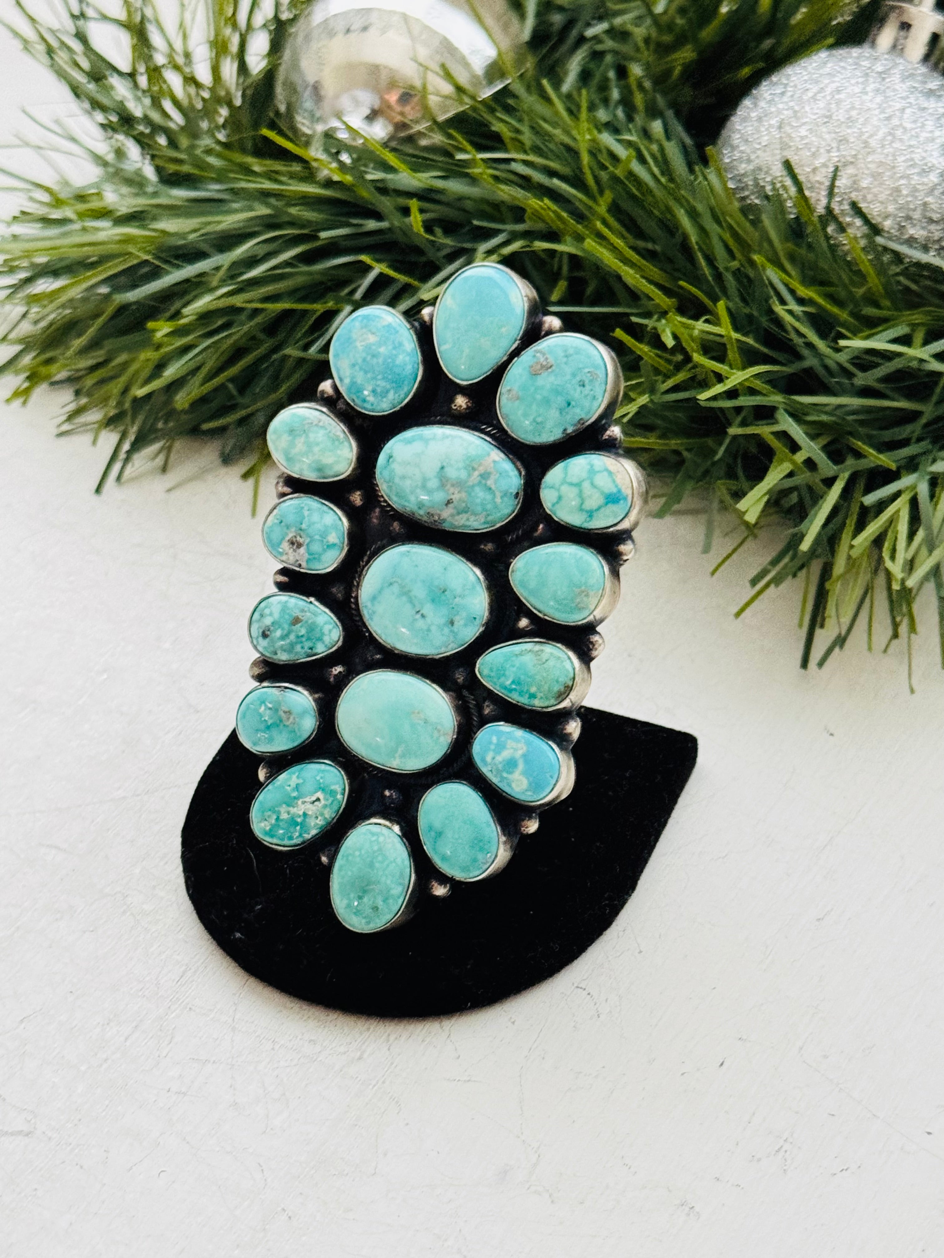 Sheila Becenti White Water Turquoise & Sterling Silver Cluster Ring Size 8.25