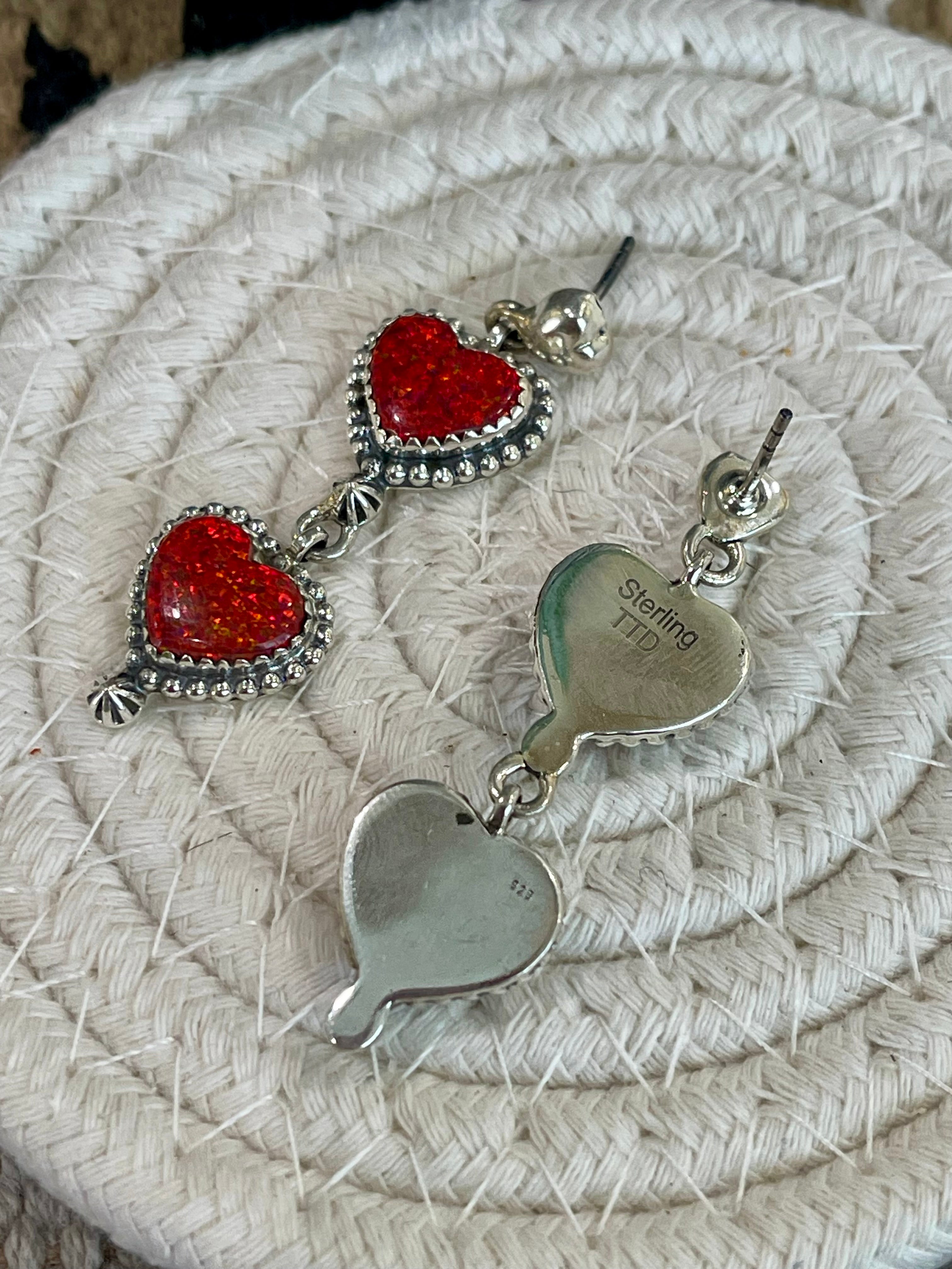 Southwest Handmade Opal & Sterling Silver Post Dangle Heart Earrings