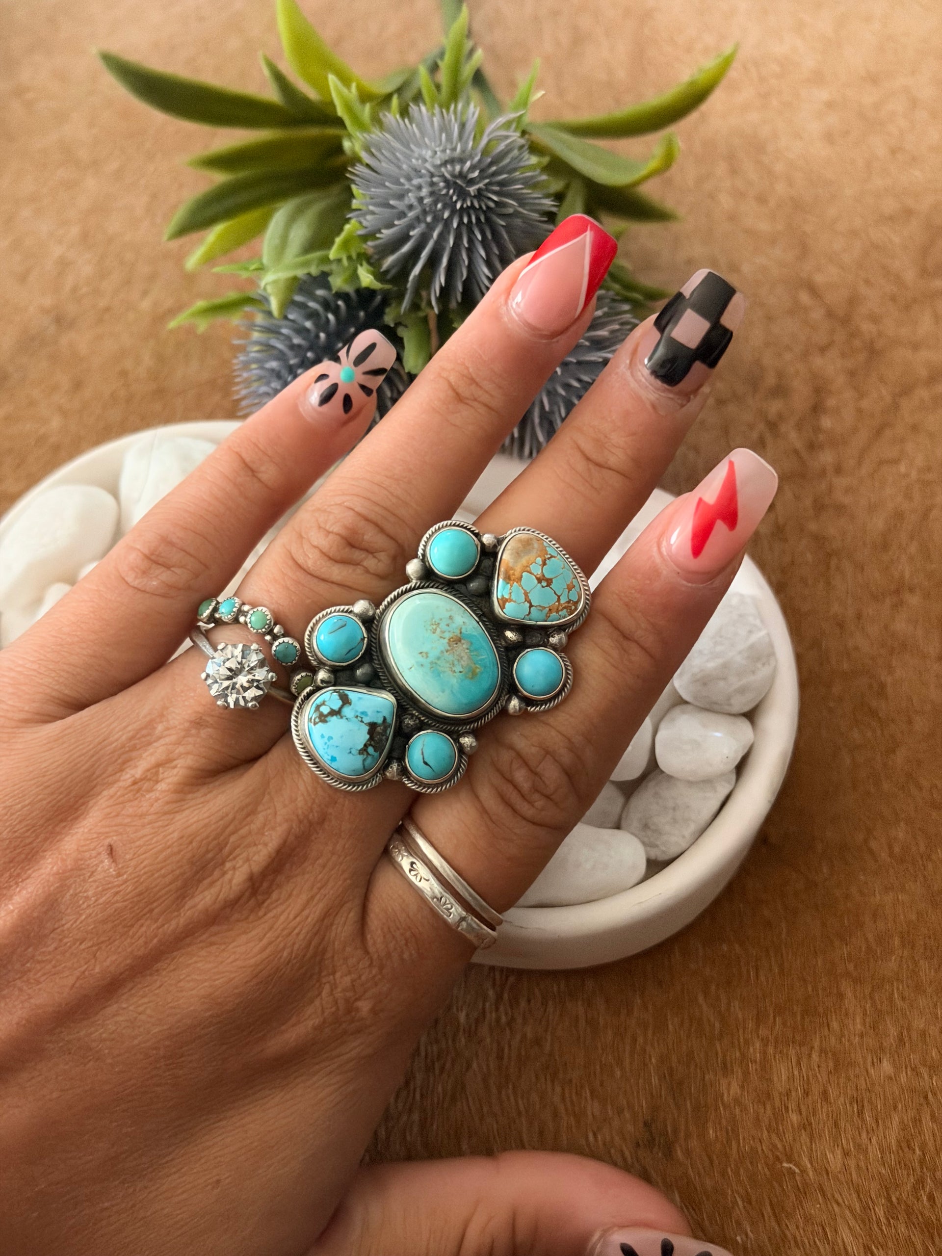 Sheila Becenti Royston Turquoise & Sterling Silver Adjustable Cluster Ring