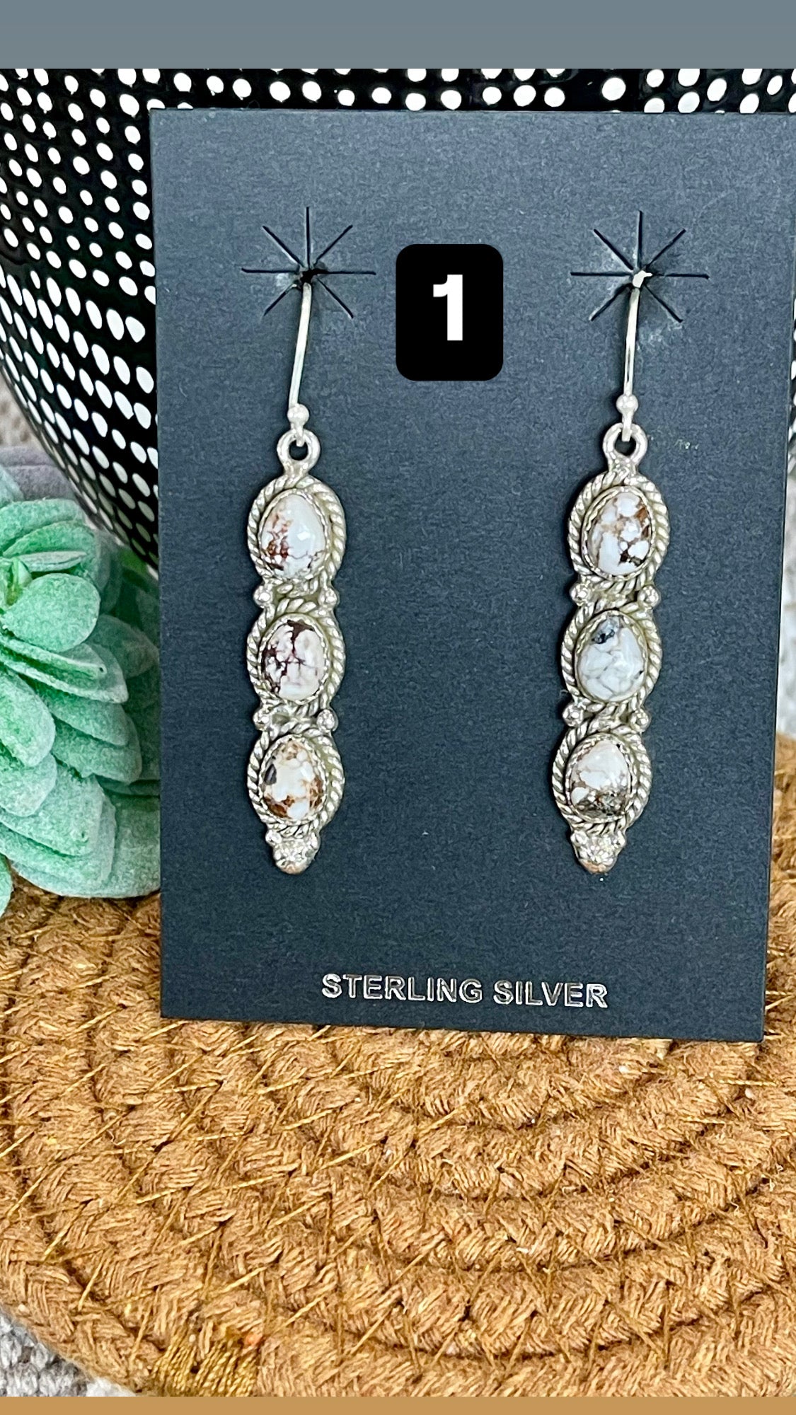 Southwest Handmade Wild Horse & Sterling Silver Post Dangle 3 Stone Earrings