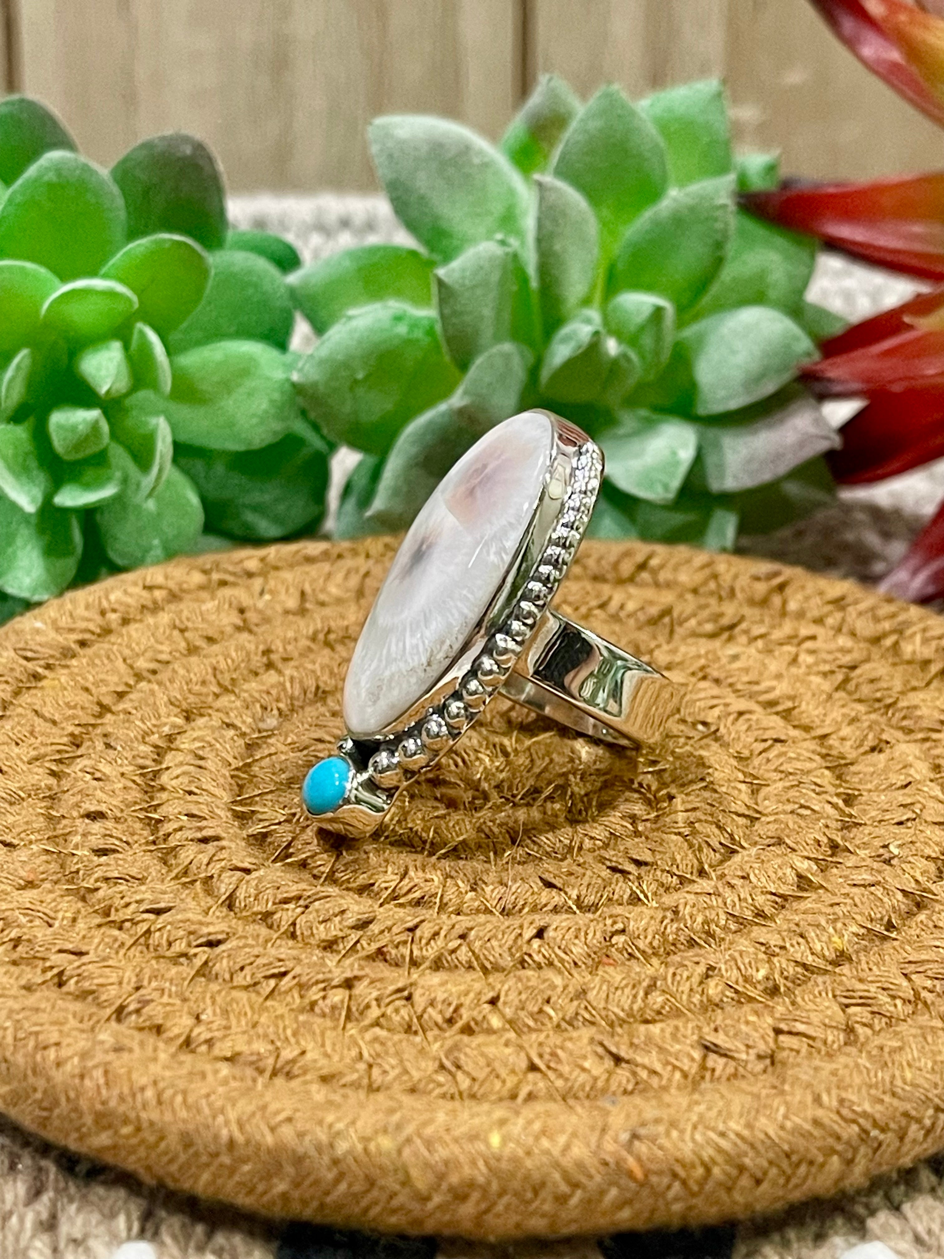 Southwest Handmade Pink Larimar With Kingman Turquoise & Sterling Silver Adjustable Ring