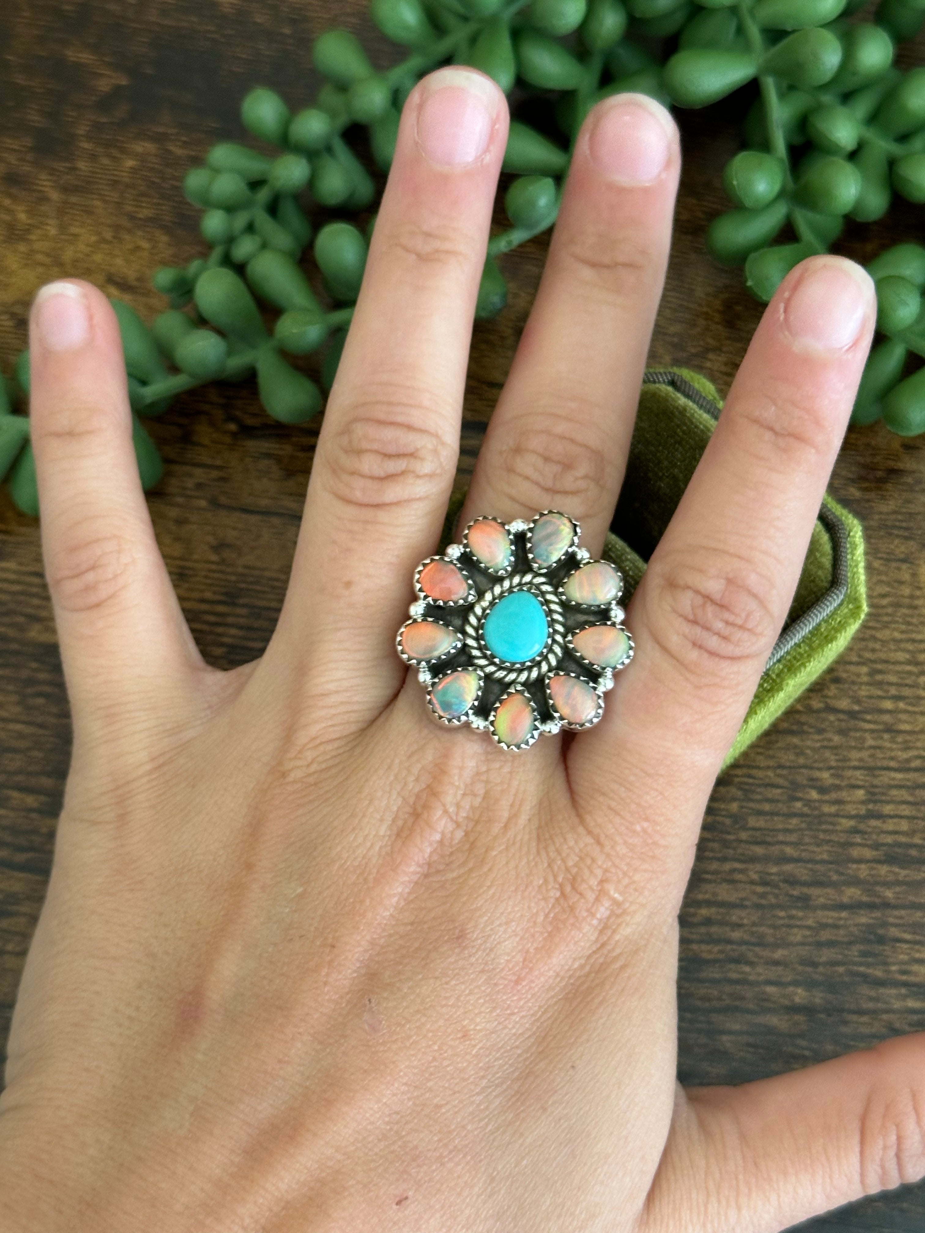 Southwest Handmade Multi Stone & Sterling Silver Adjustable Cluster Ring