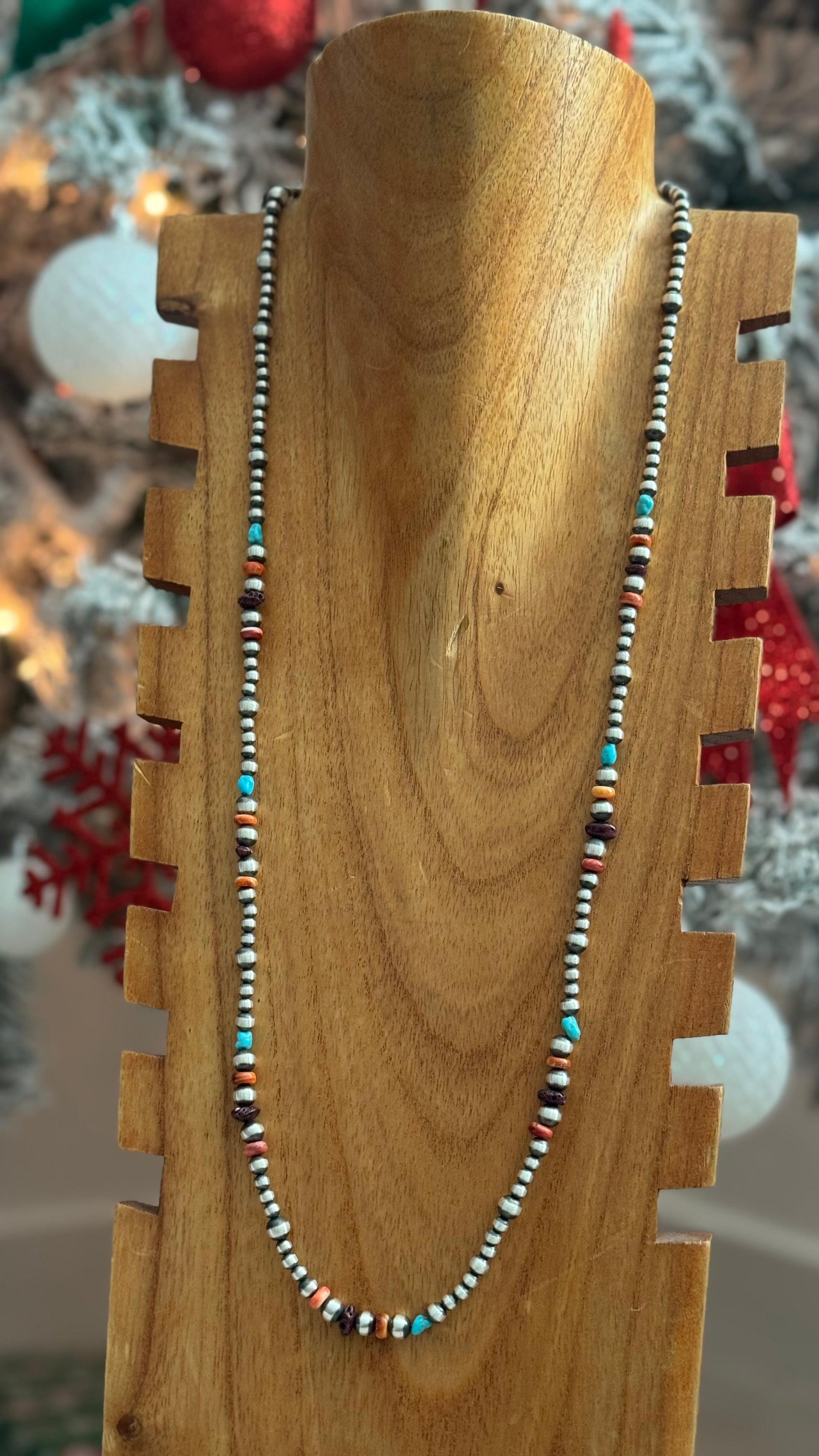 Navajo Strung Multi Stone & Sterling Silver Graduated Pearl Necklace