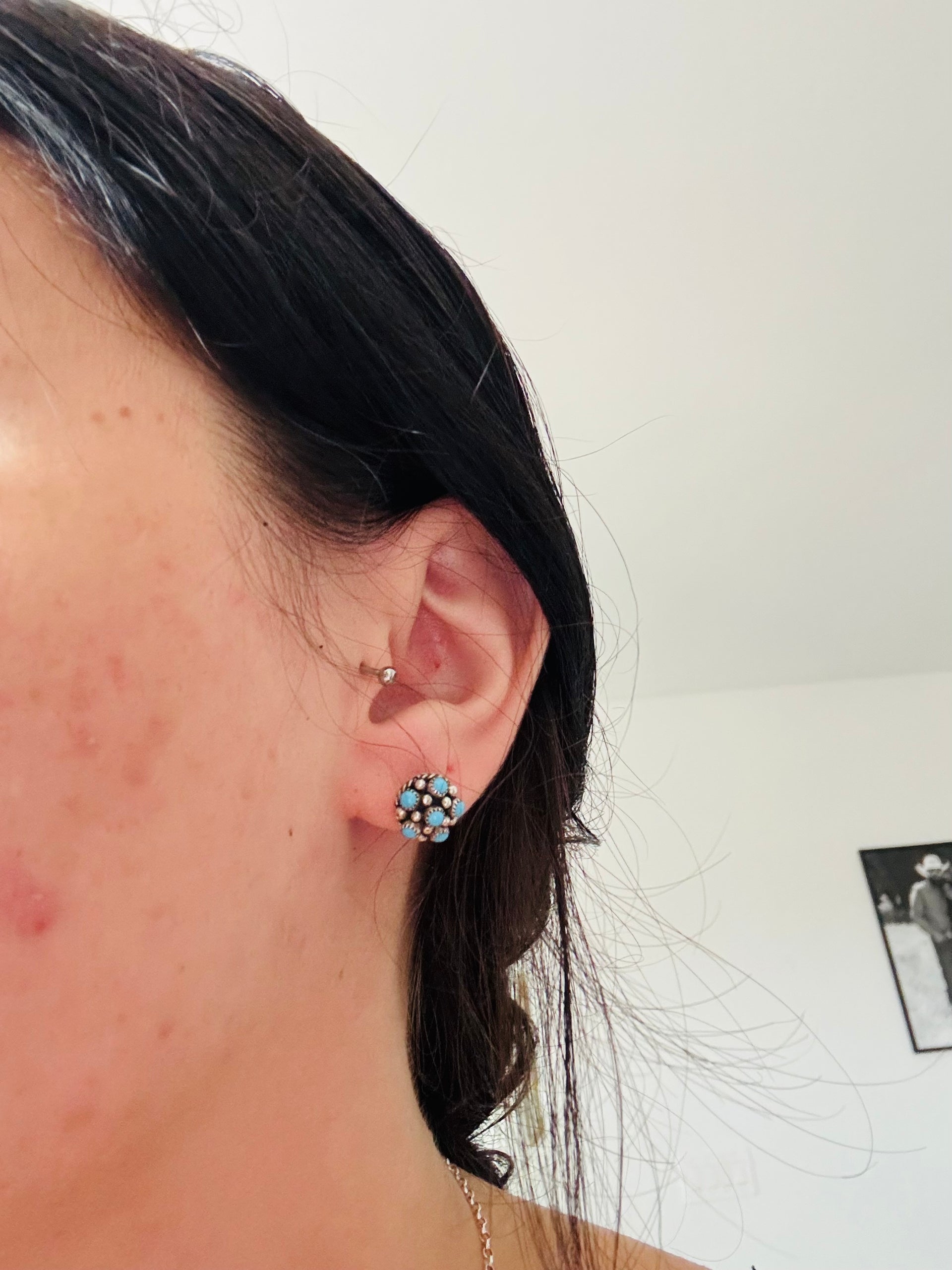 Navajo Made Kingman Turquoise & Sterling Silver Post Cluster Earrings