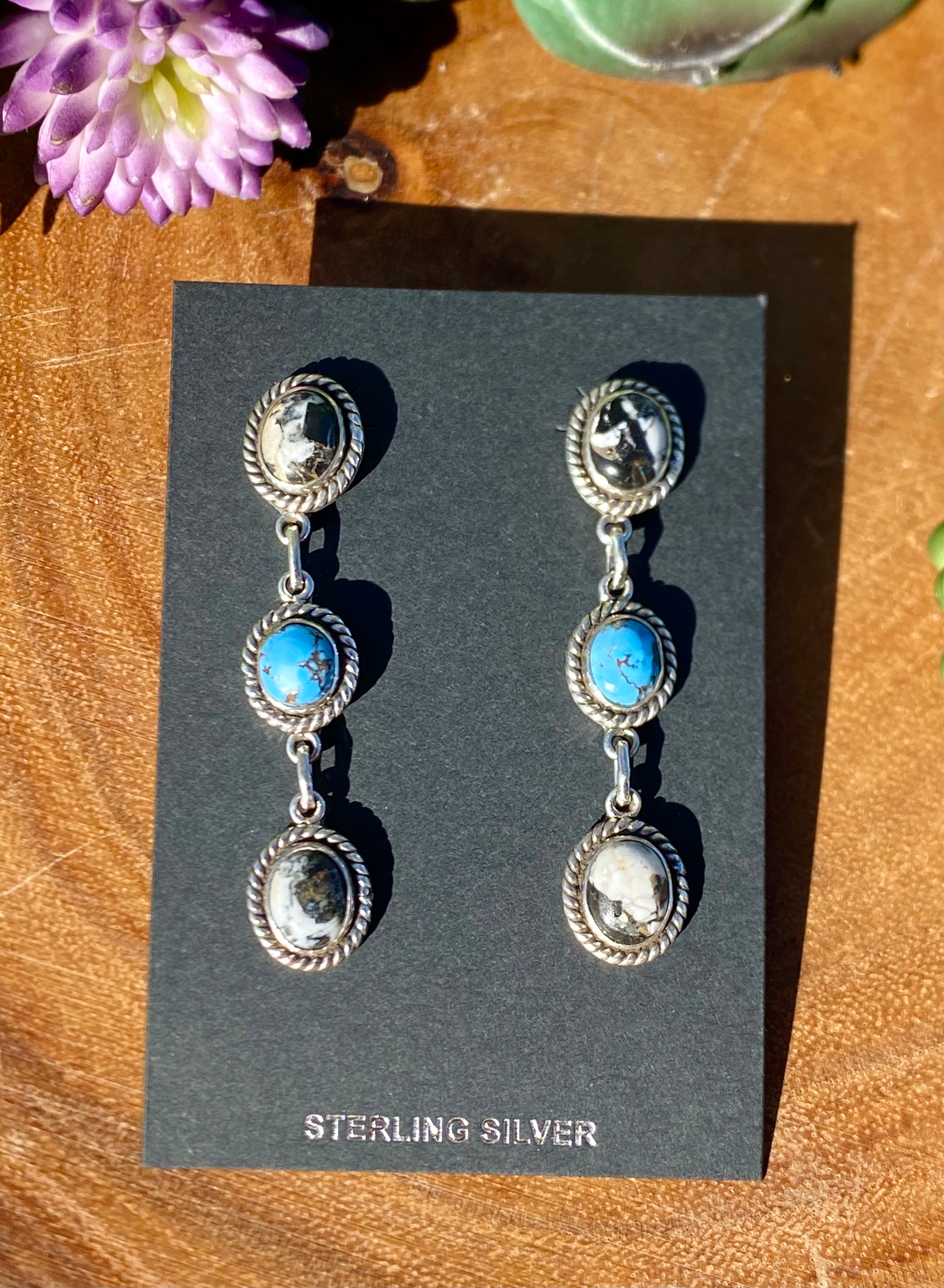 Southwest Handmade Multi Stone & Sterling Silver Post Dangle Earrings