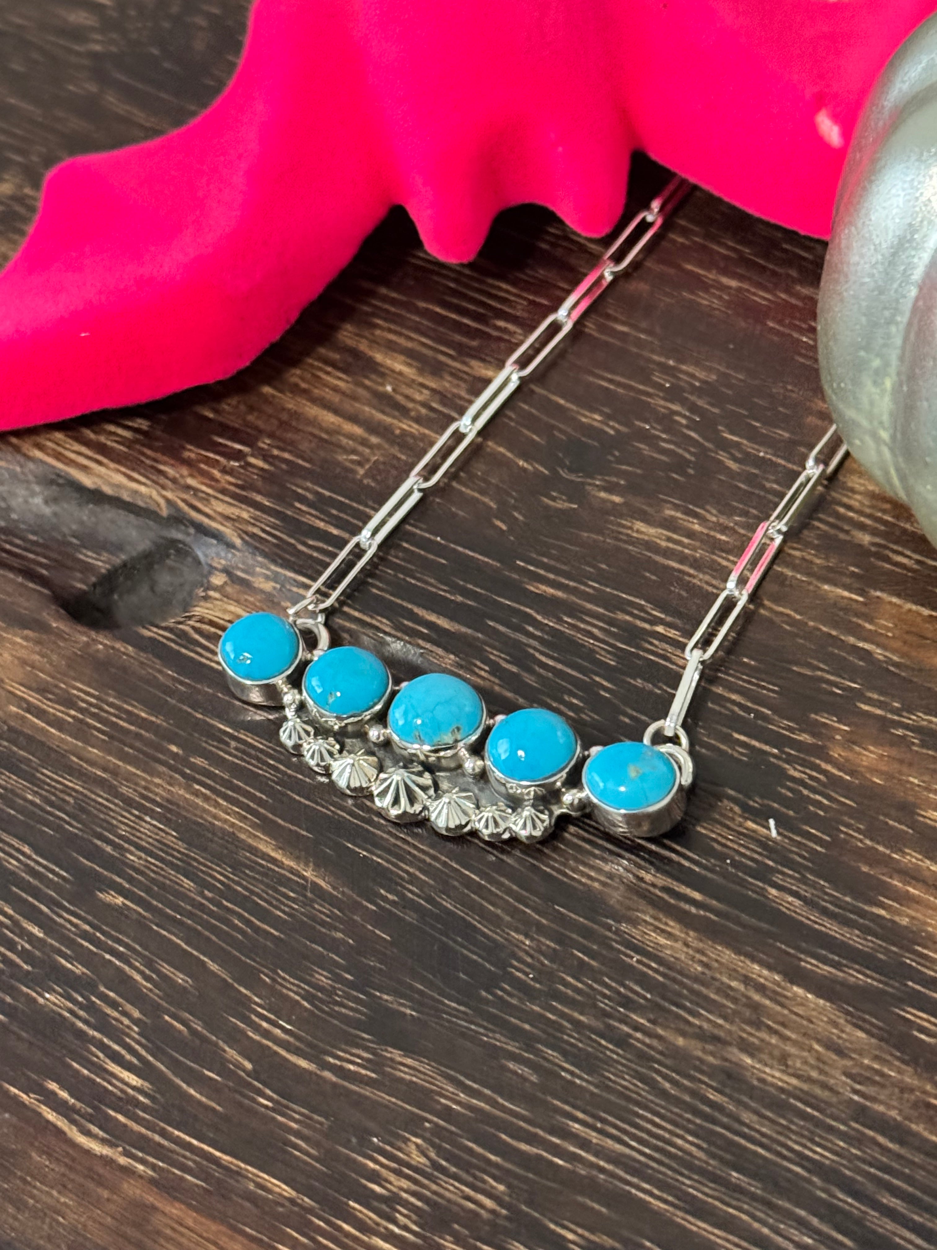 Southwest Handmade Kingman Turquoise & Sterling Silver Cluster Bar Necklace