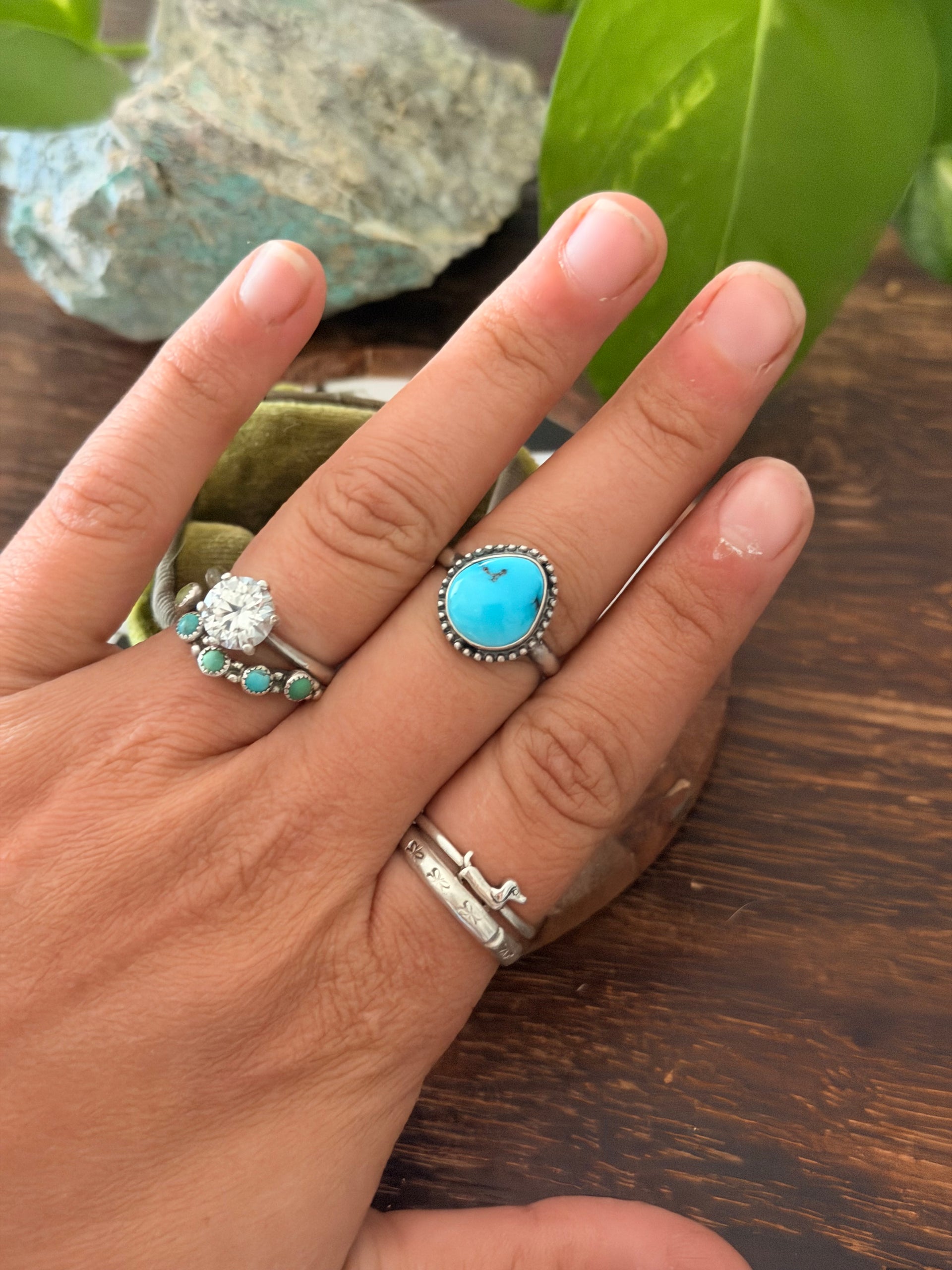 Navajo Made Blue Ridge Turquoise & Sterling Silver Ring Size 7.5