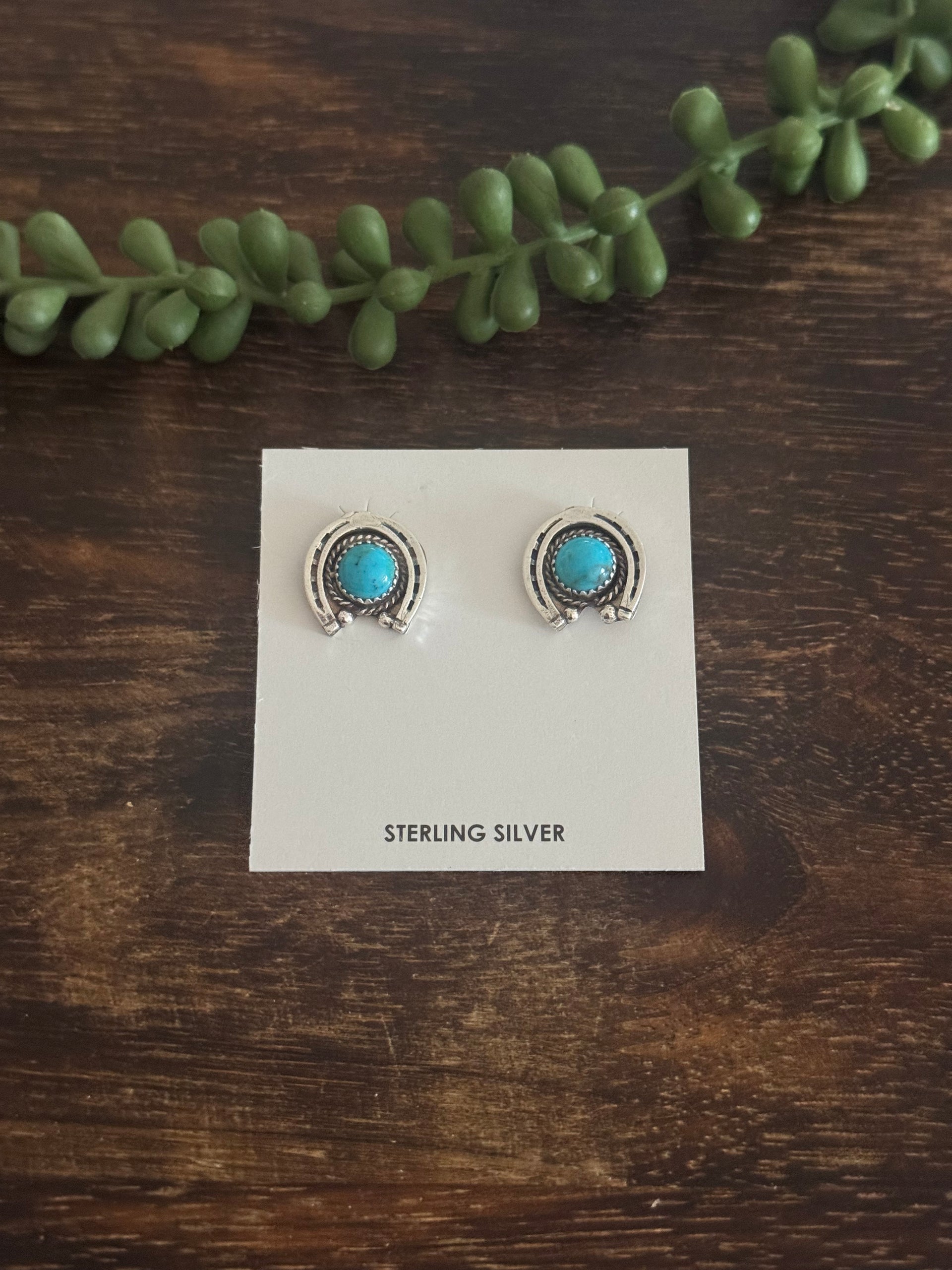 Annette Chiquito Kingman Turquoise & Sterling Silver Horse Shoe Post Earrings