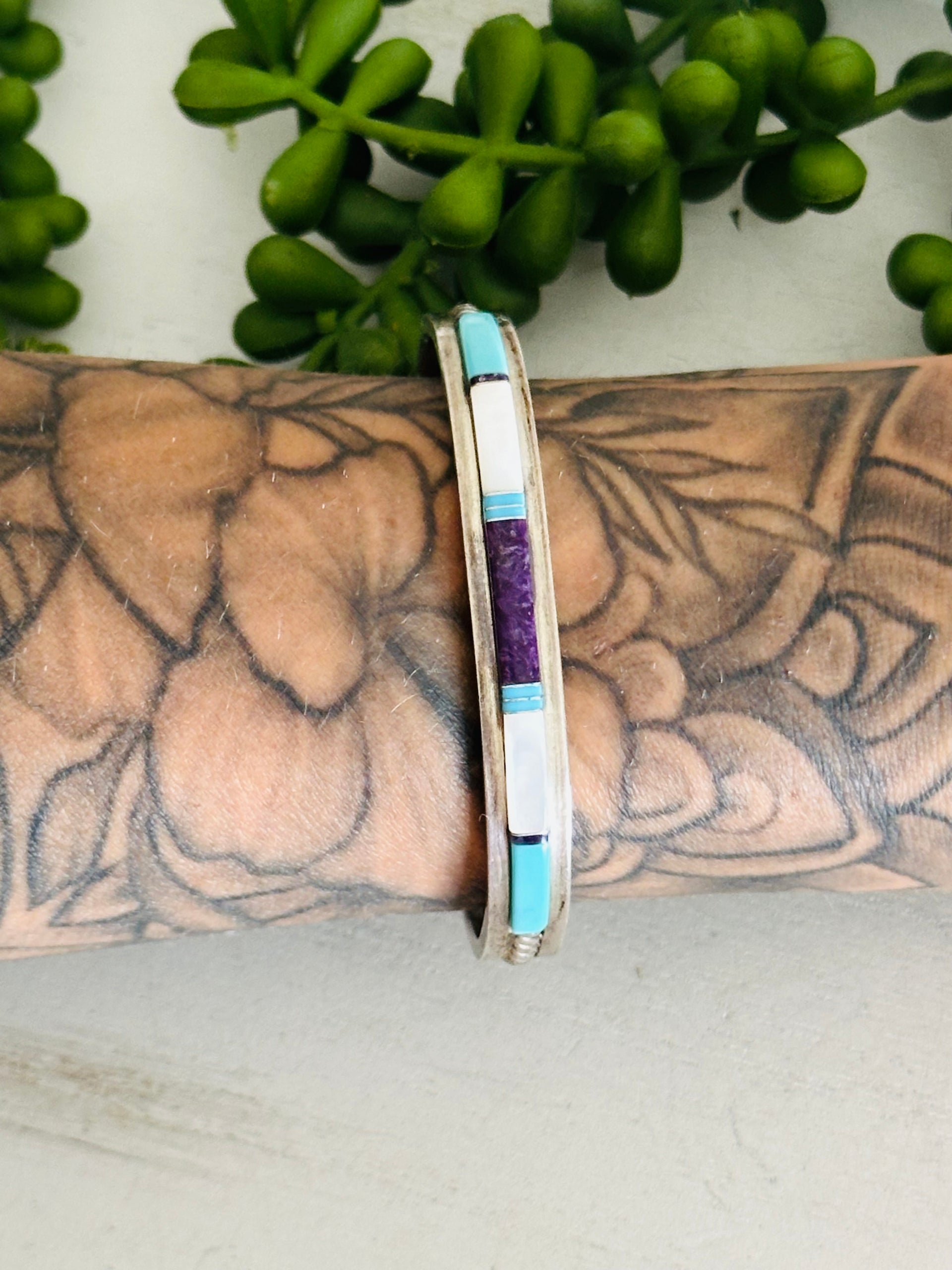 Navajo Made Multi Stone & Sterling Silver Inlay Cuff Bracelet