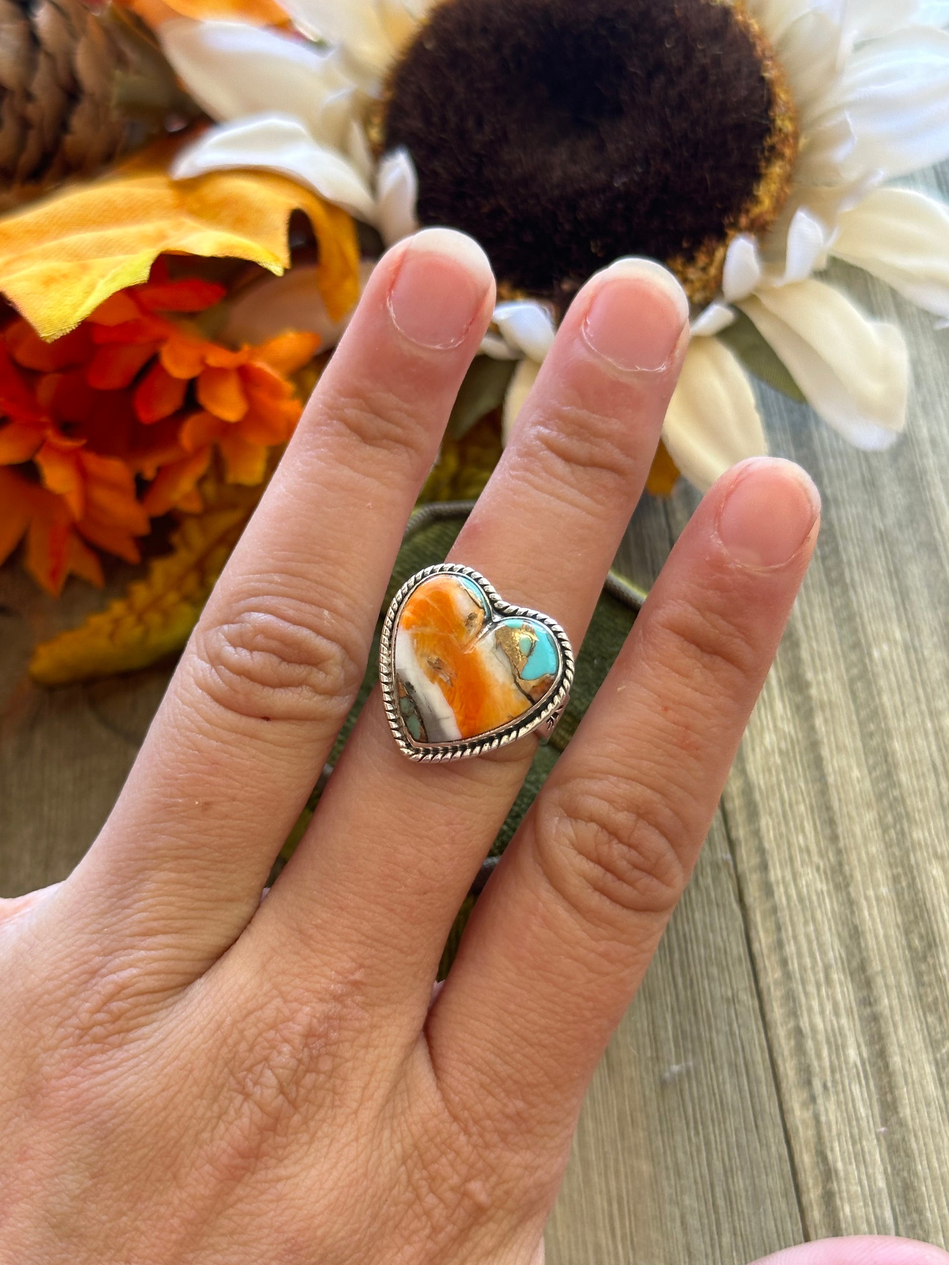 Southwest Handmade Mohave Turquoise & Sterling Silver Adjustable Heart Ring