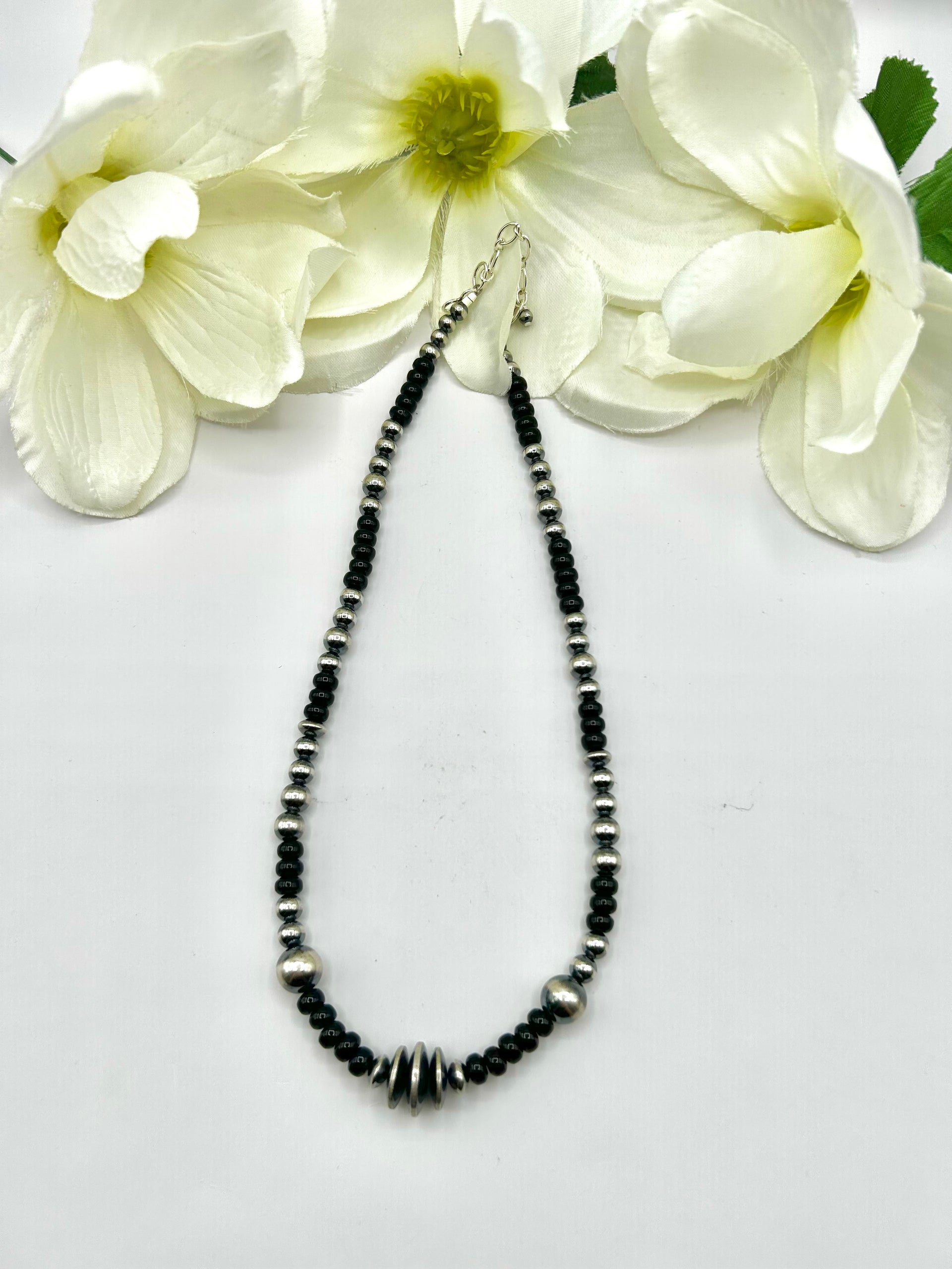 Navajo Made Strung Onyx & Sterling Silver Necklace