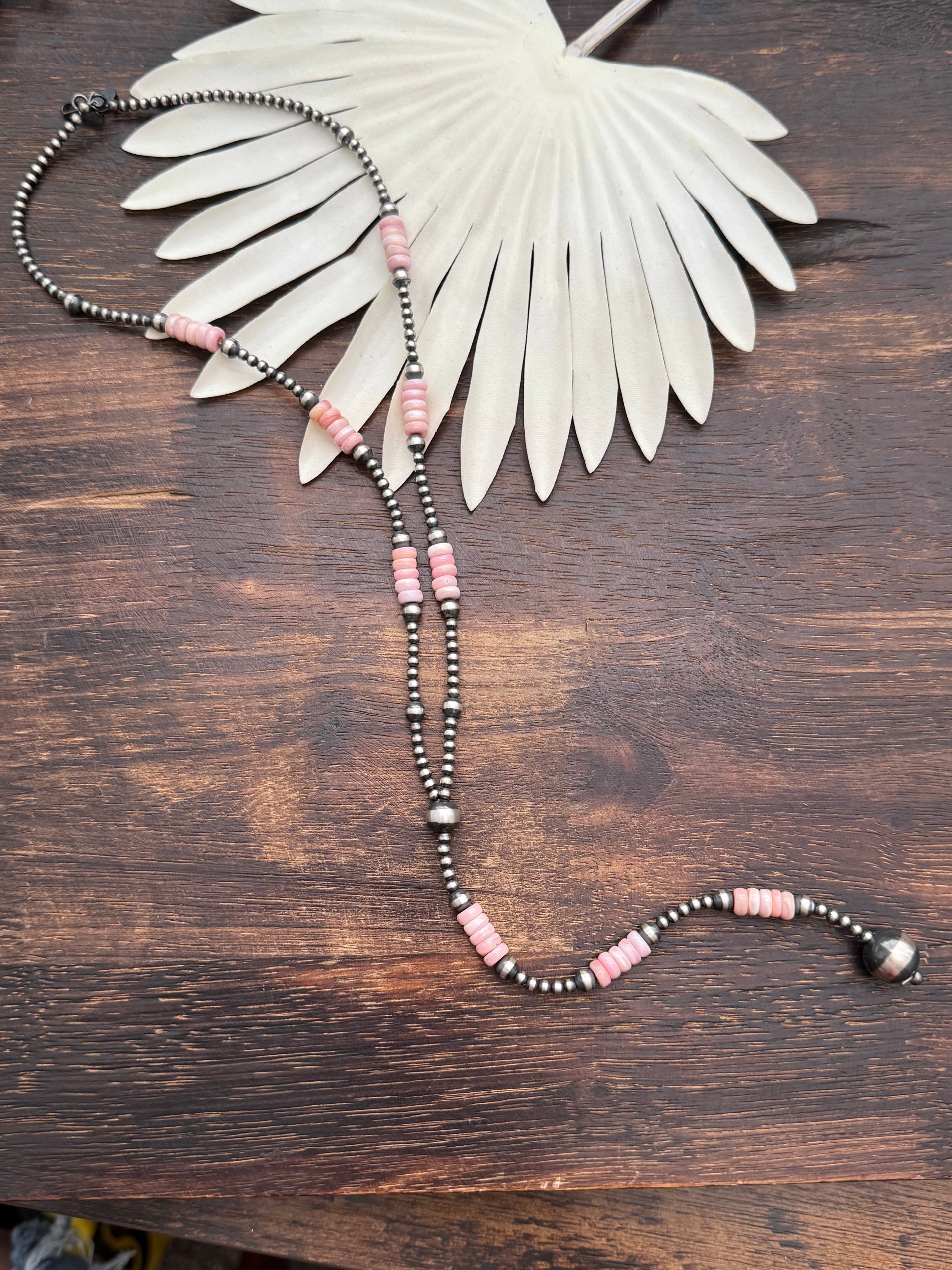 Navajo Strung Pink Conch & Sterling Silver Pearls Beaded Lariat Necklace